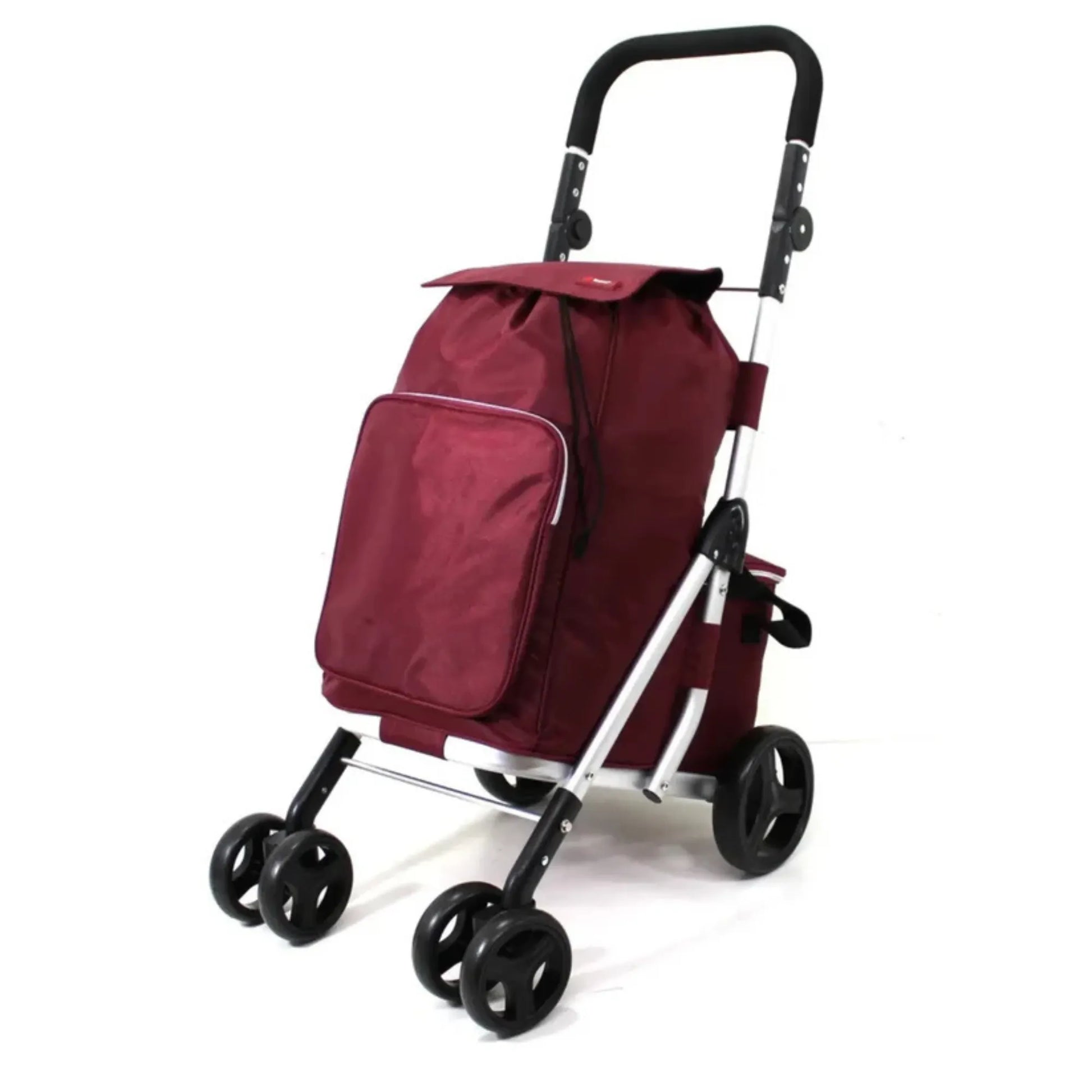 Maroon shopping cart bag with wheels on a white background