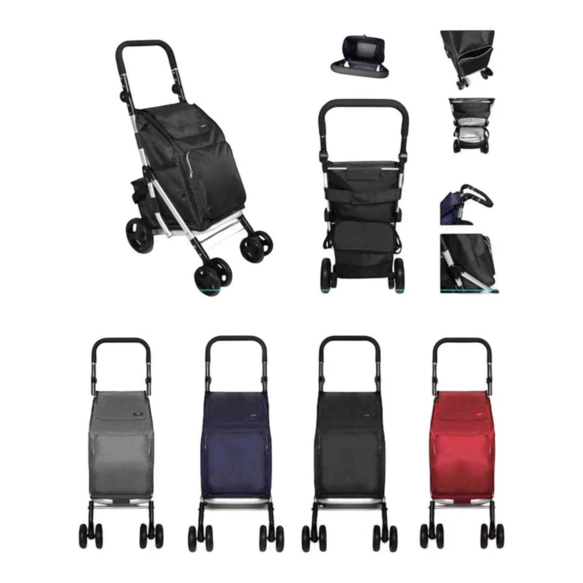 Collapsible shopping cart in various colors on a white background