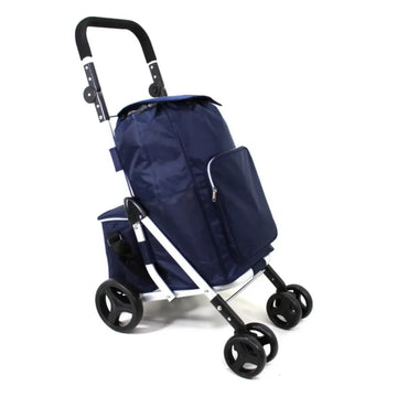 Navy blue shopping cart with wheels on a white background