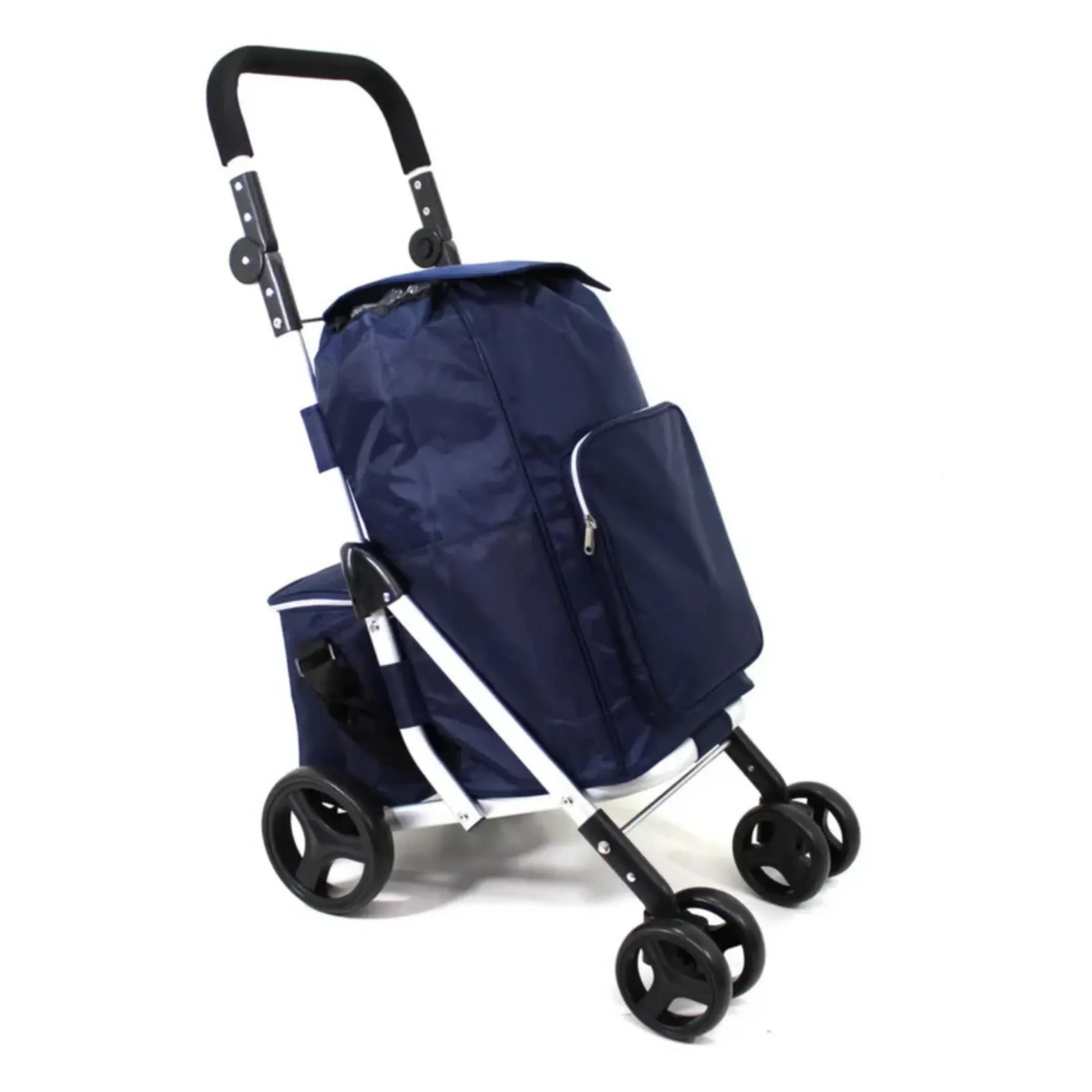 Navy blue shopping cart with wheels on a white background