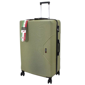 Green suitcase with a visible brand logo on a white background