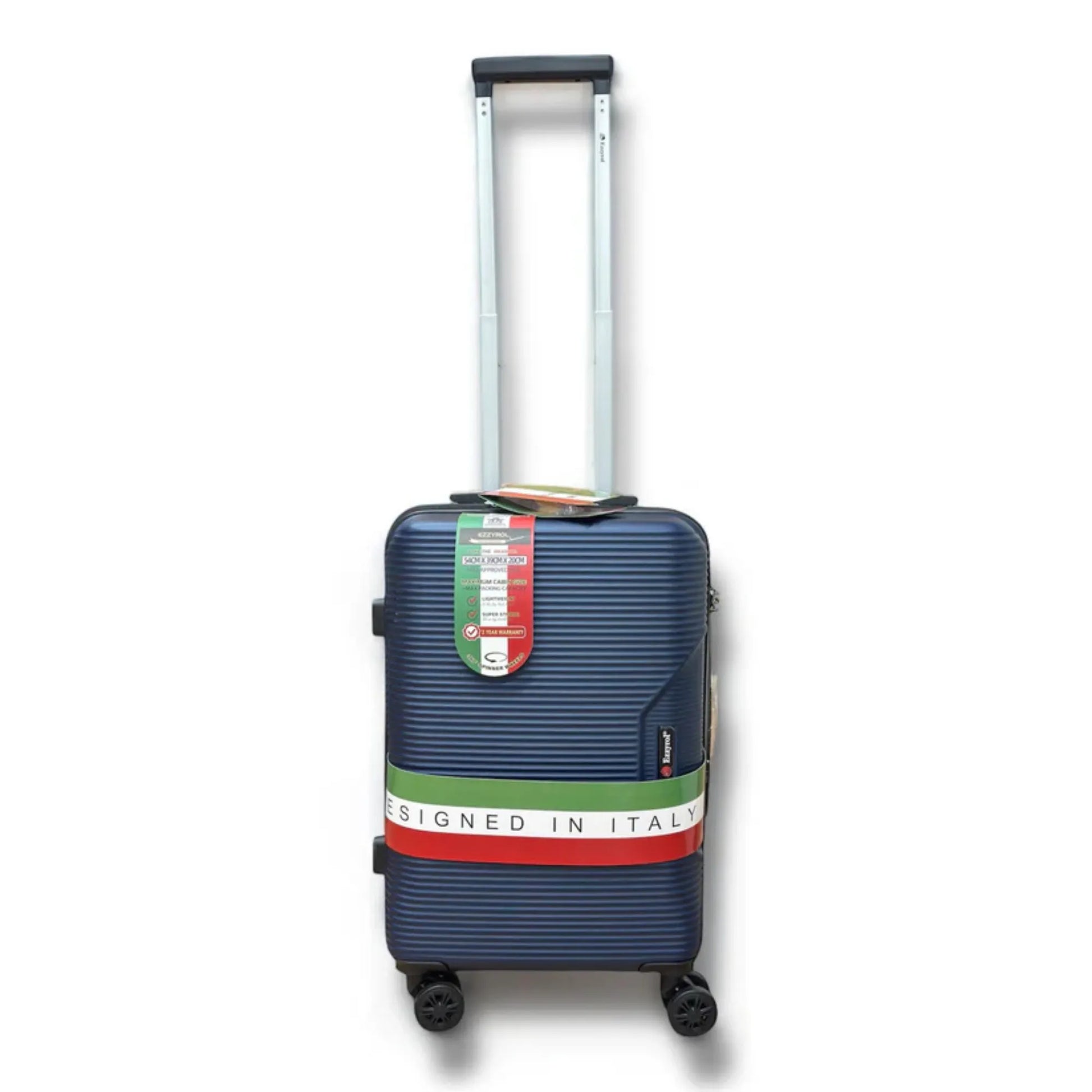 Blue suitcase with a 'Designed in Italy' ribbon on a white background