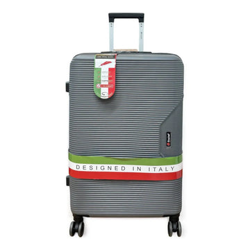 Gray suitcase with a 'Designed in Italy' label on a white background