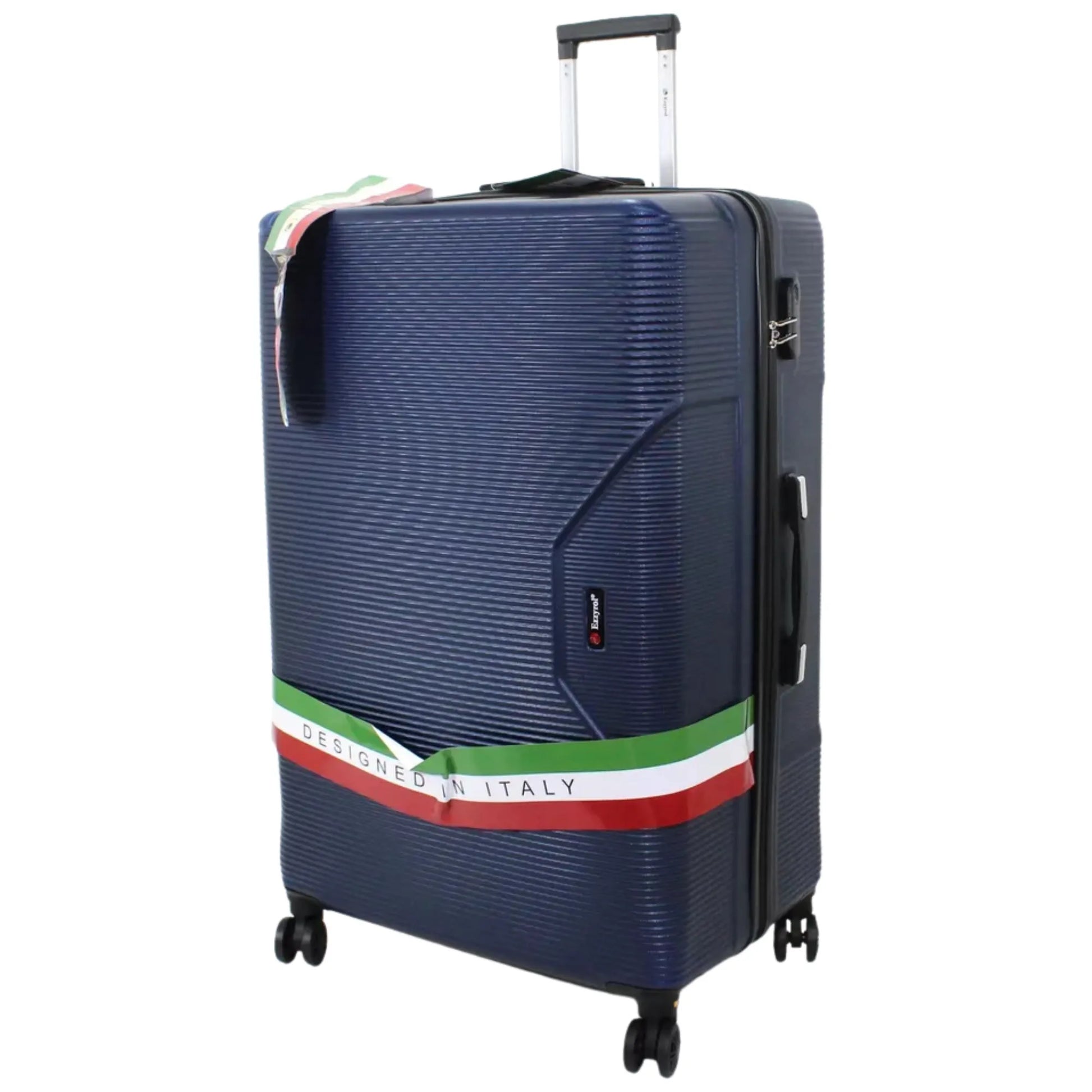 Blue suitcase with a colorful stripe on a white background