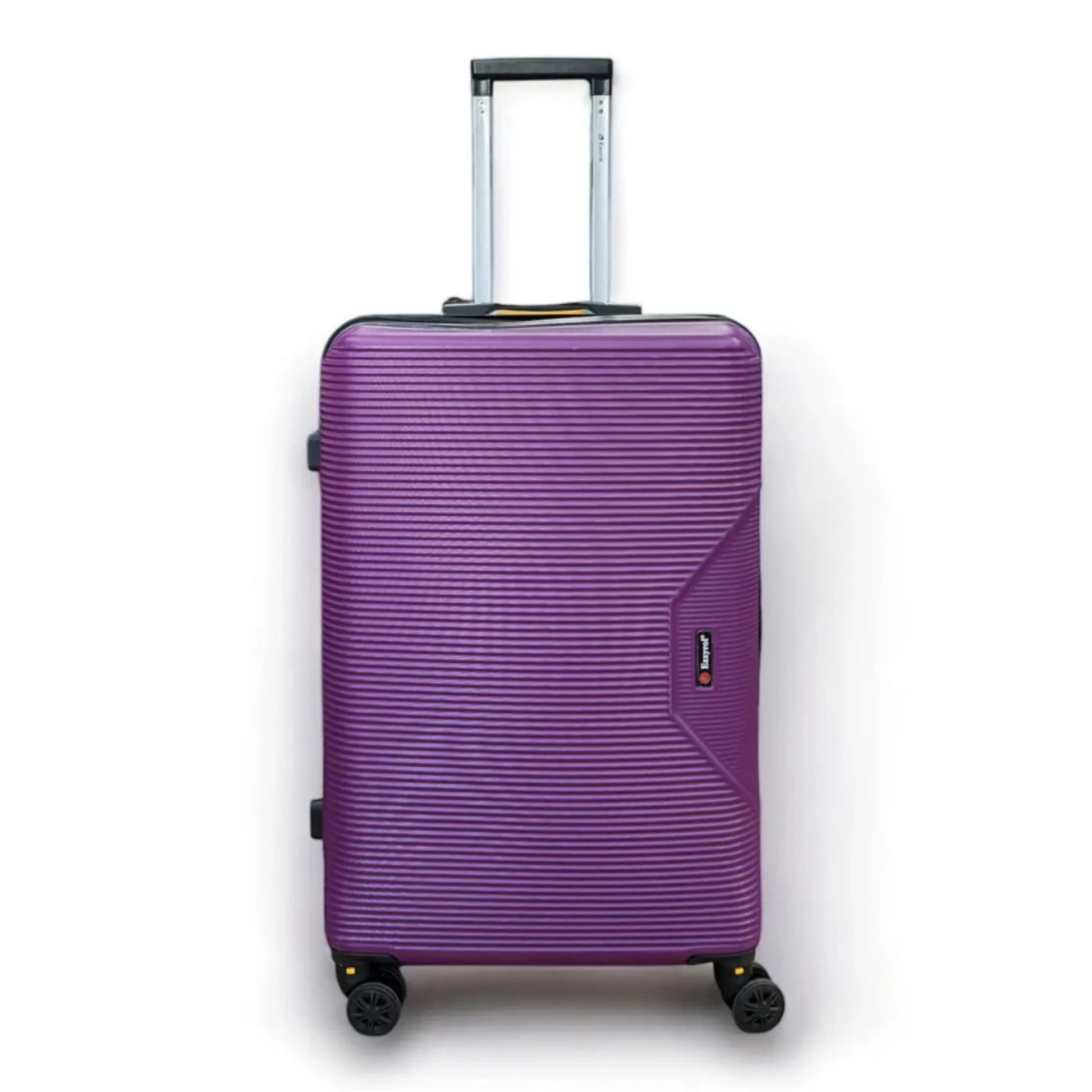 Purple suitcase with wheels and handle on a white background