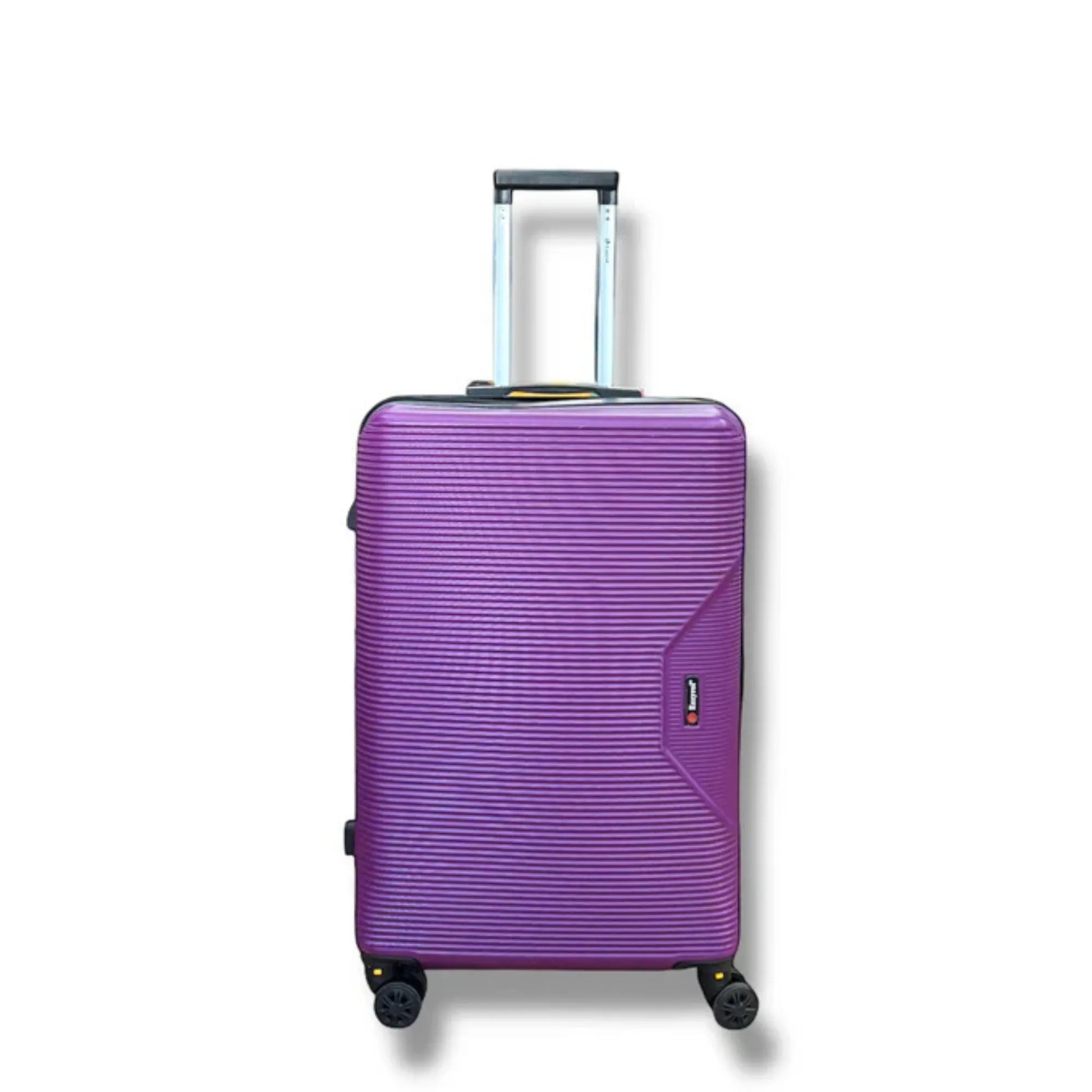 Purple suitcase with a striped pattern on a white background