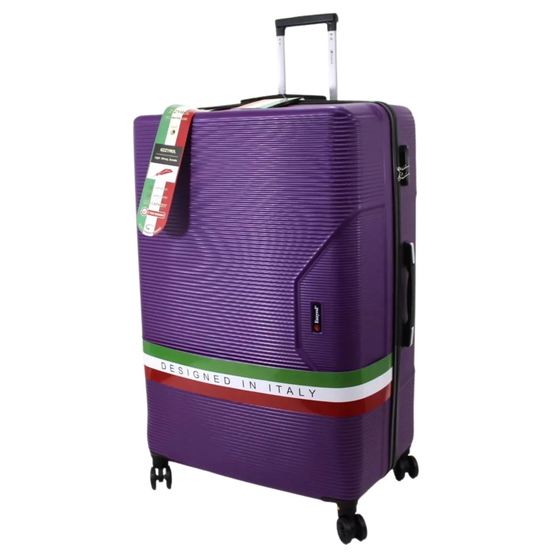 Purple suitcase with a 'Designed in Italy' tag on a white background