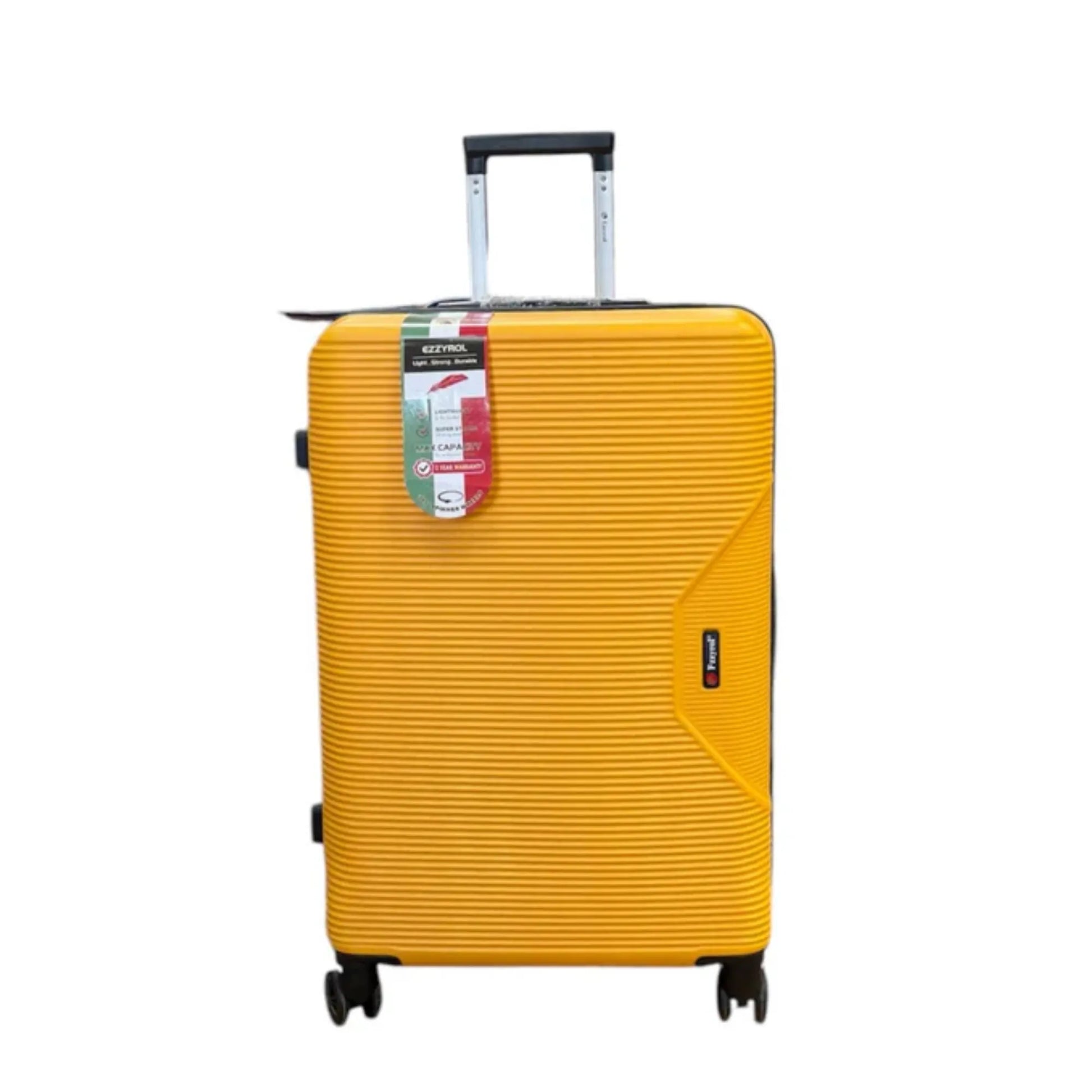 Yellow suitcase with a visible brand tag on a white background