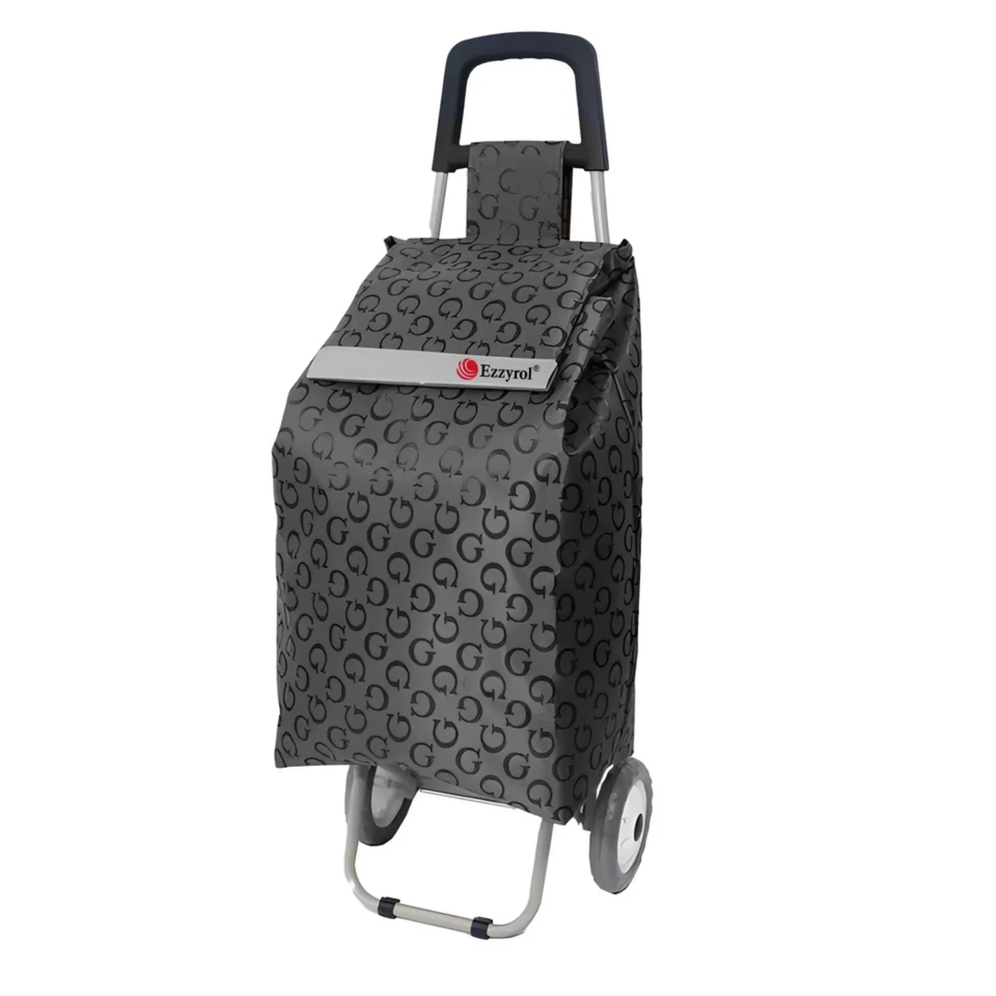 Gray patterned shopping cart bag with wheels on a white background