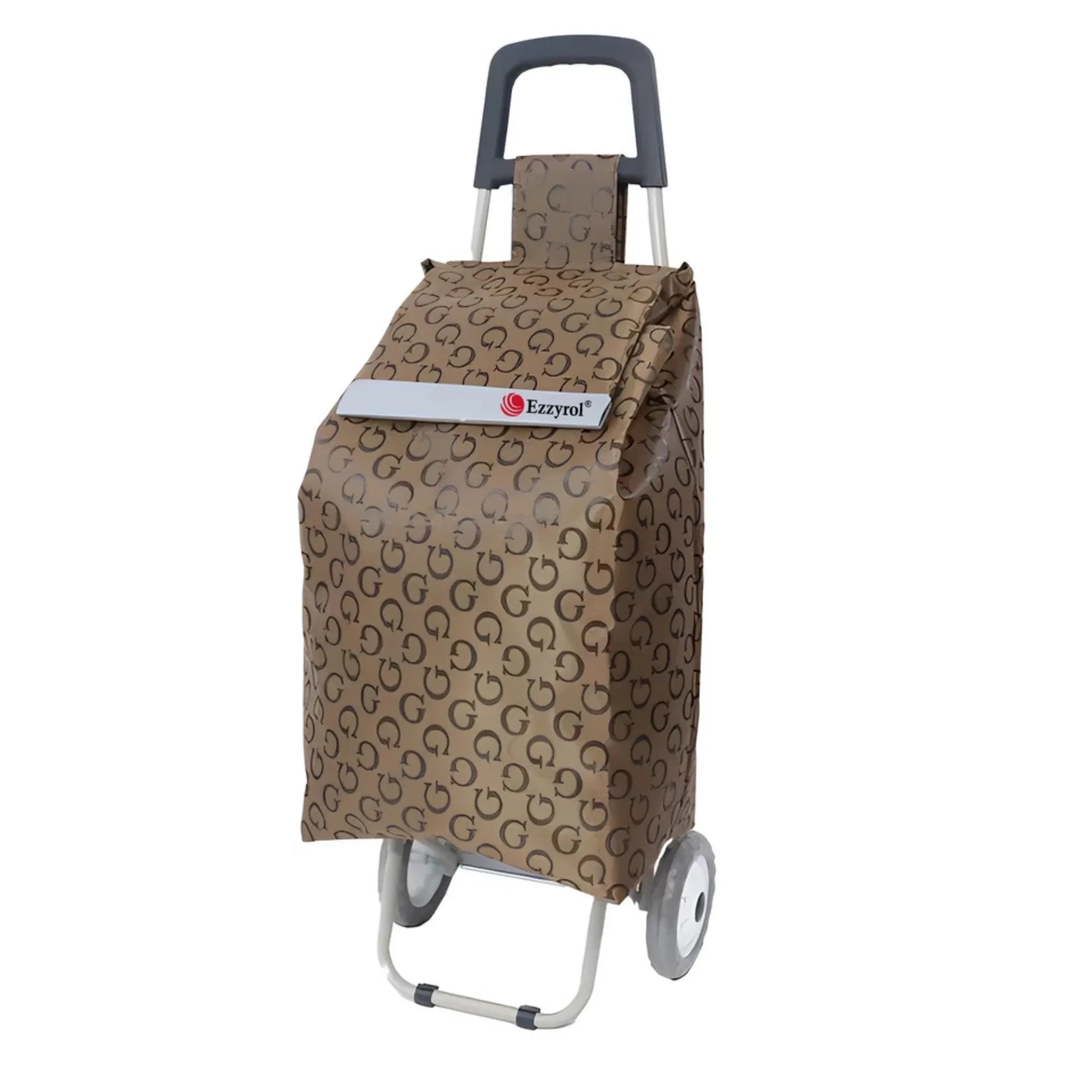 Patterned shopping cart bag with wheels on a white background