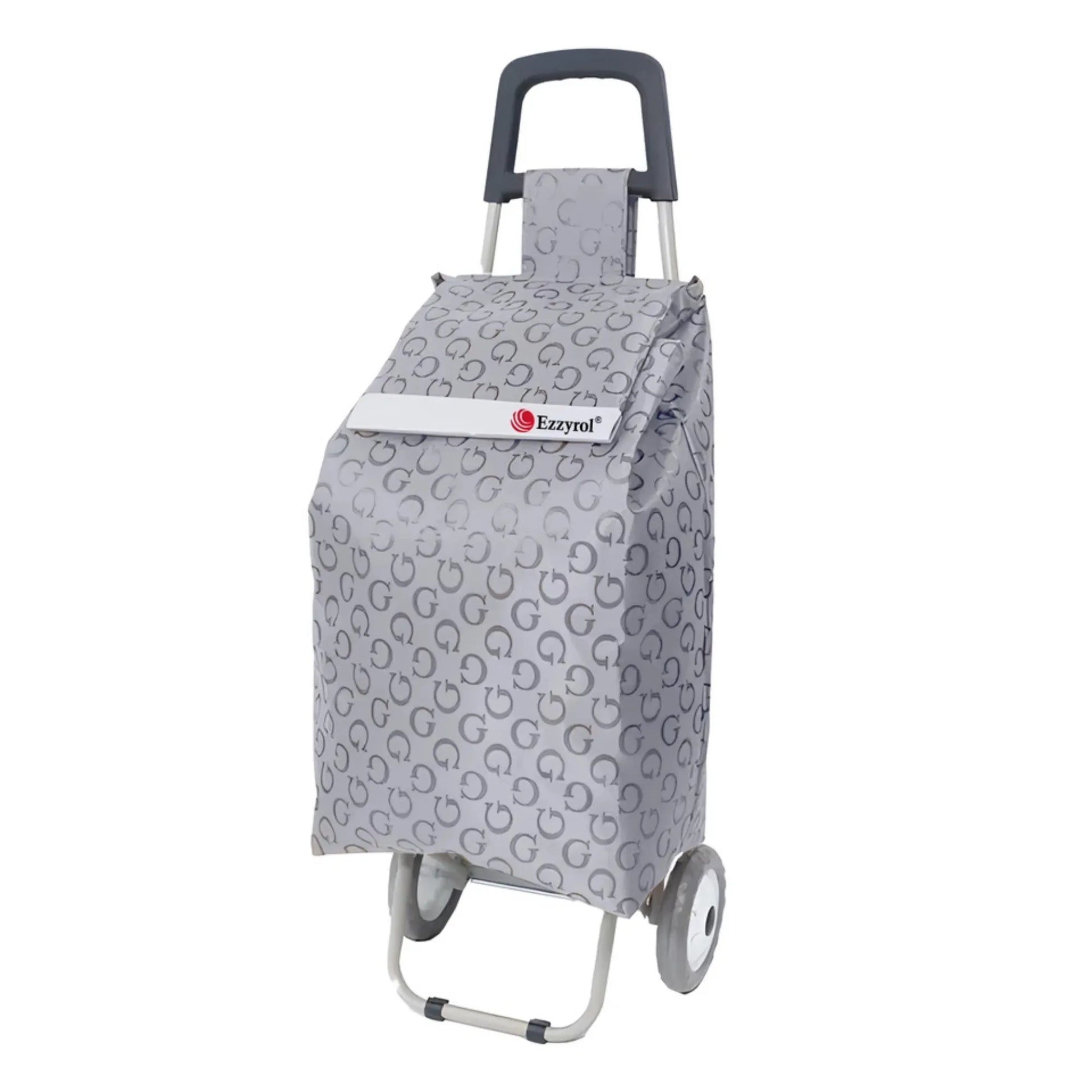 Gray patterned shopping cart with wheels on a white background