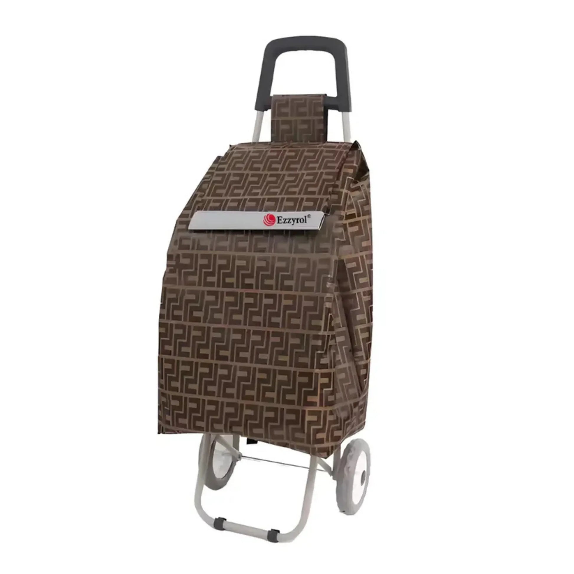 Brown patterned shopping cart bag with a visible brand logo on a white background