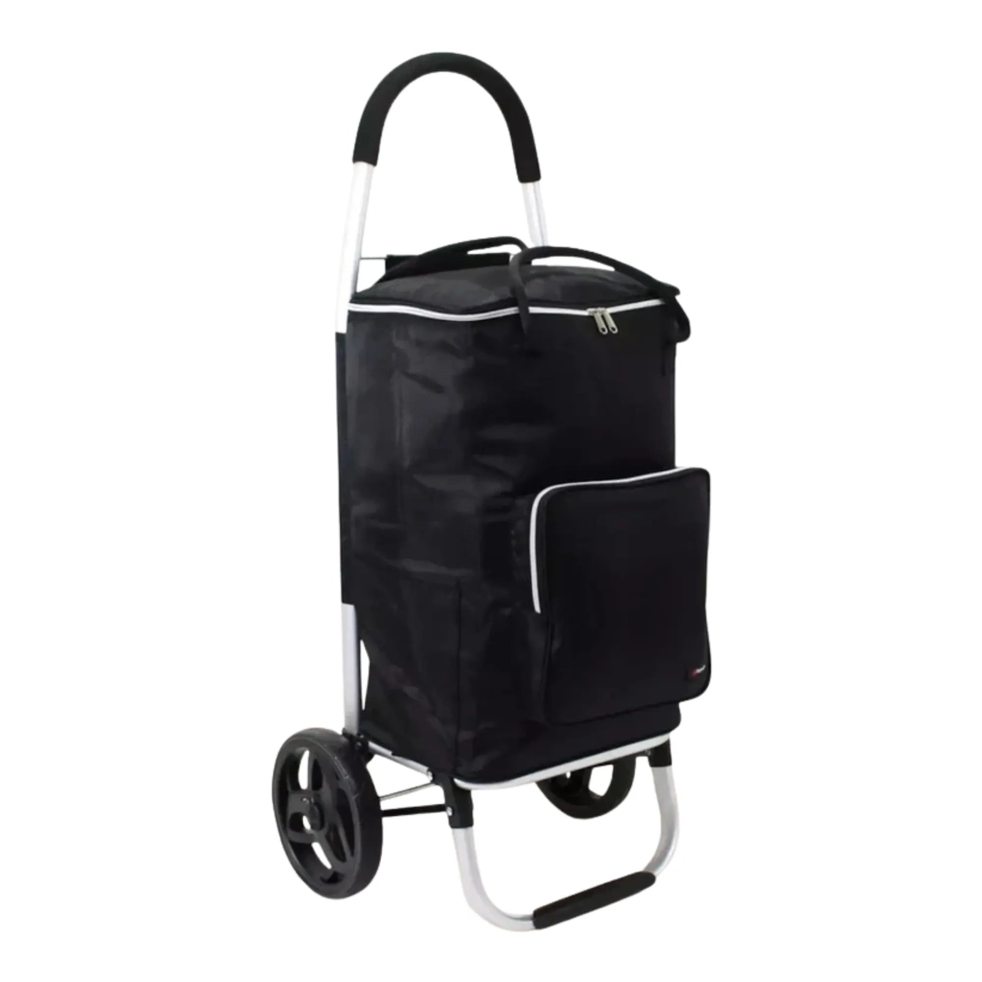 Black shopping cart with a bag on a white background