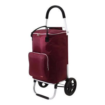 Maroon shopping cart with wheels on a white background