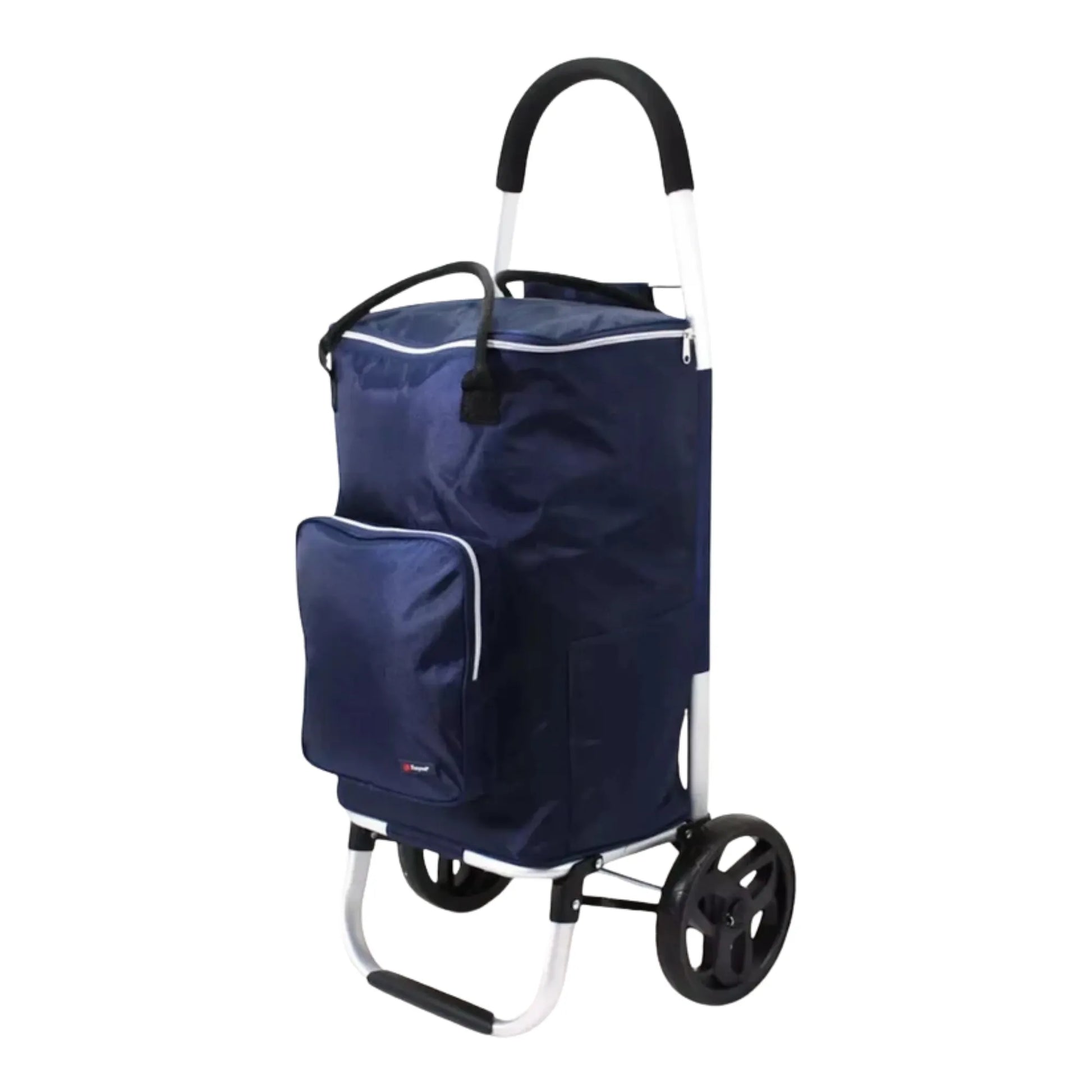 Navy blue shopping cart with wheels on a white background
