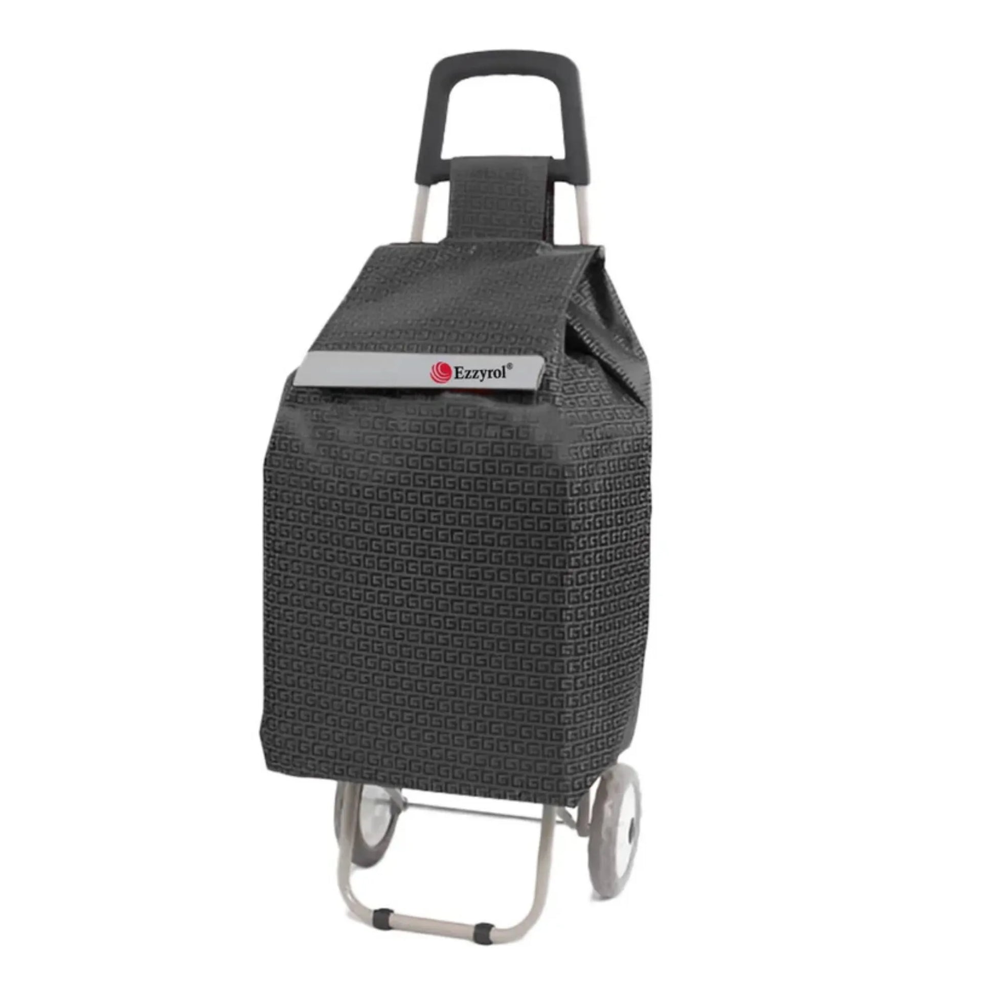 Black woven shopping cart with wheels on a white background