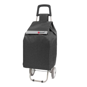 Black woven shopping cart with wheels on a white background