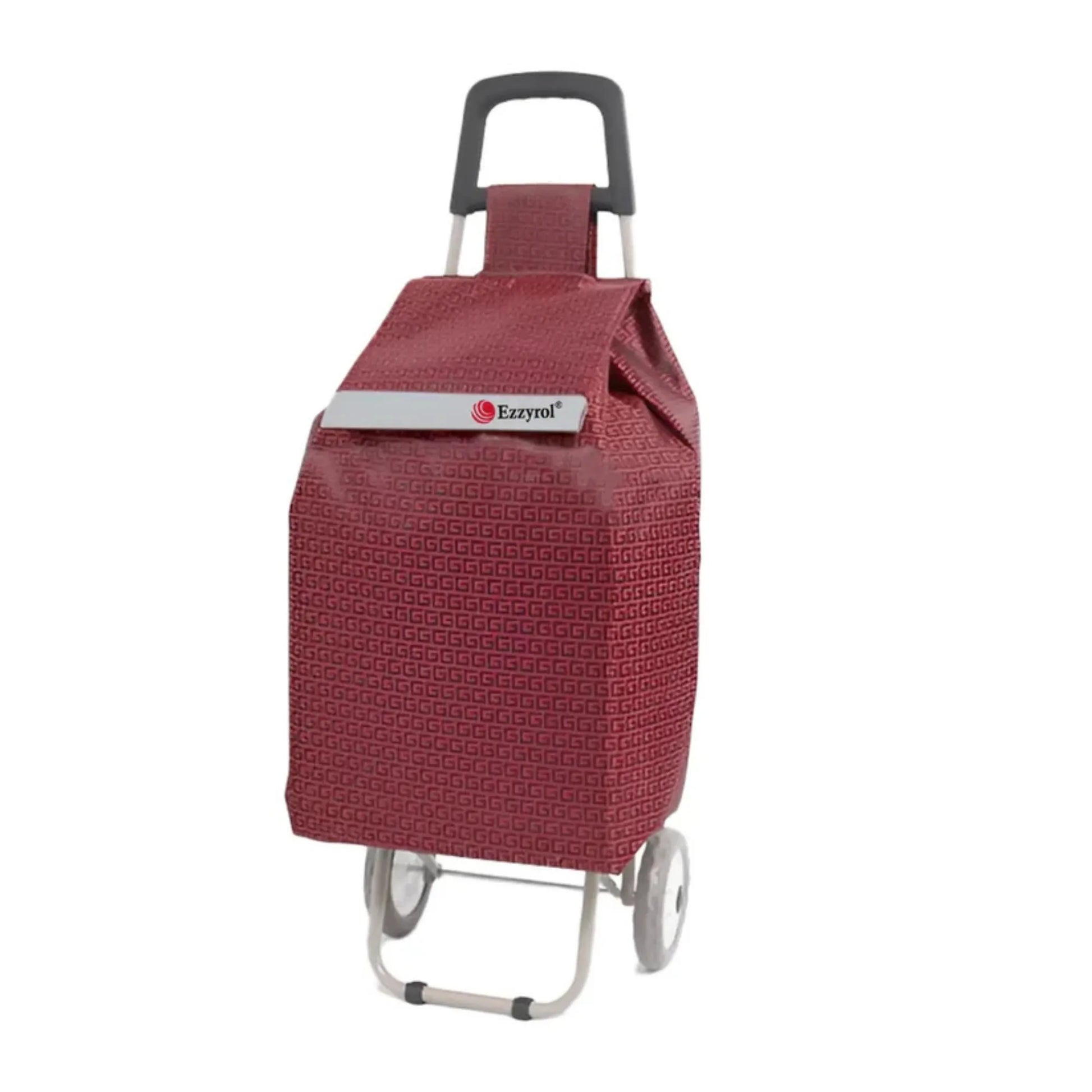 Red shopping cart bag with a handle and wheels on a white background