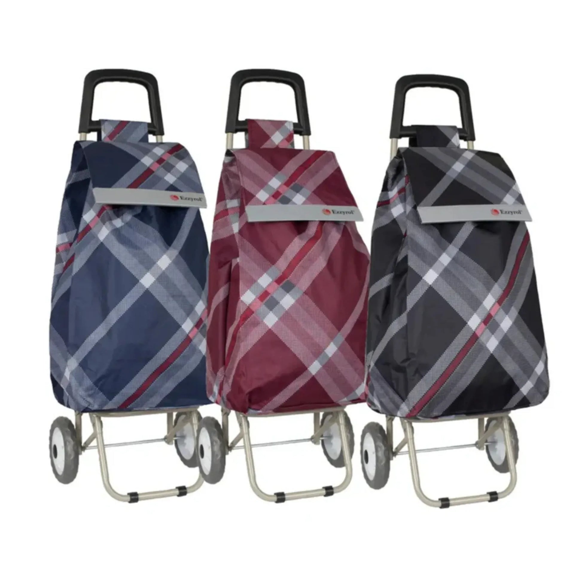 Three plaid-patterned shopping carts in blue, red, and gray on a white background.
