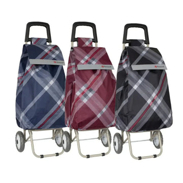 Three plaid-patterned shopping carts in blue, red, and gray on a white background.