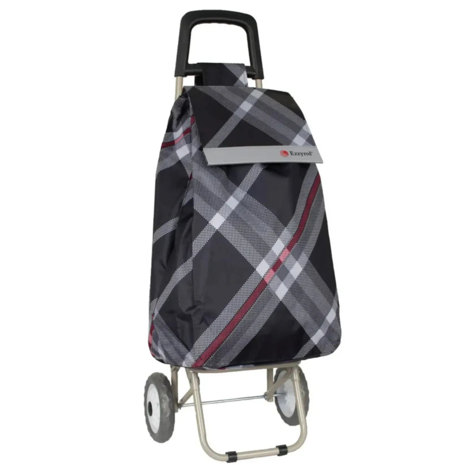 Plaid patterned shopping cart bag with wheels on a white background