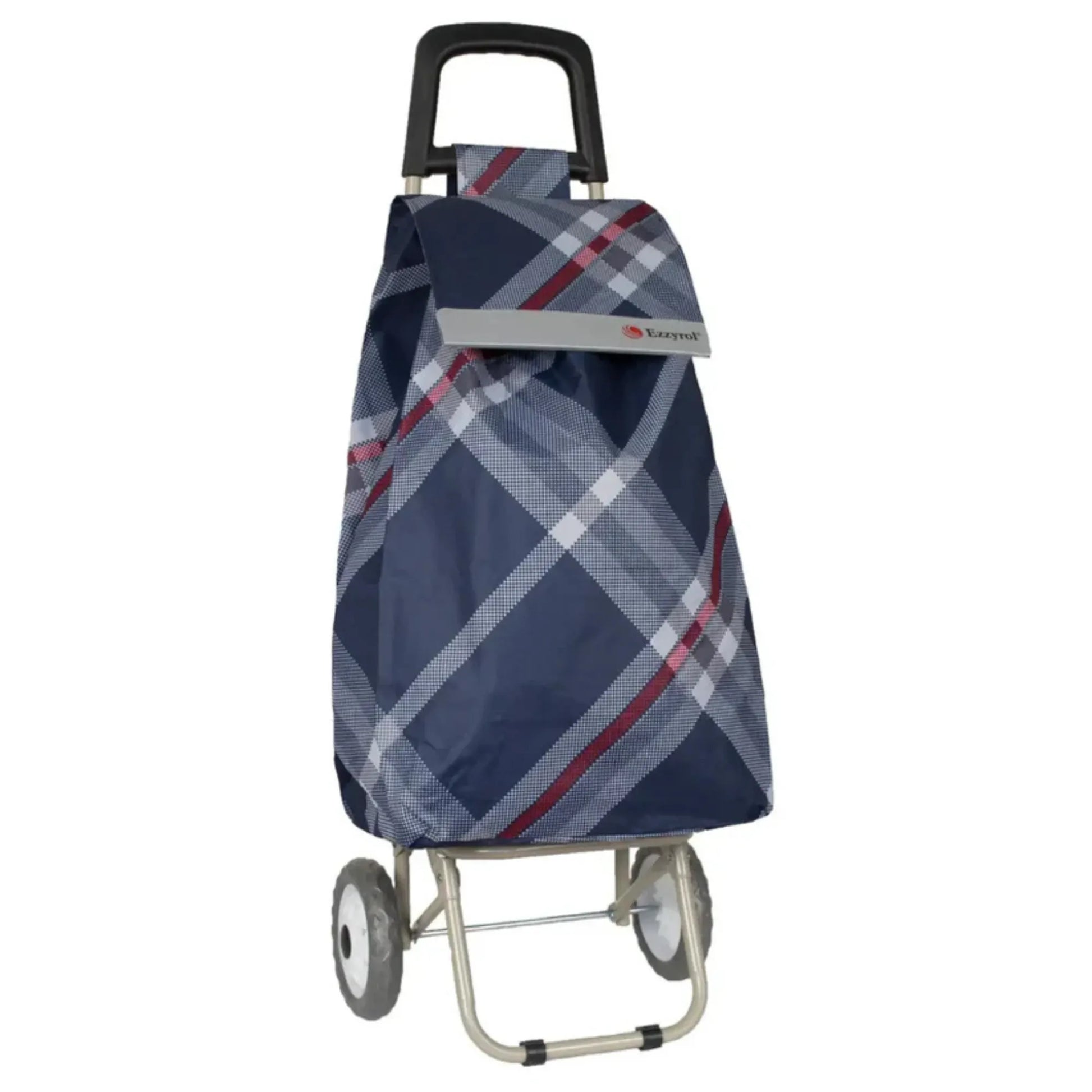 Plaid shopping cart cover with a visible brand logo on a white background