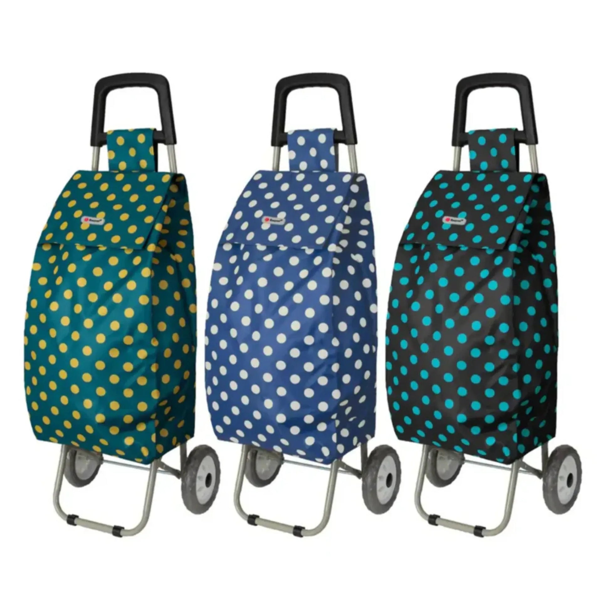 Three polka dot shopping carts in green, blue, and black on a white background