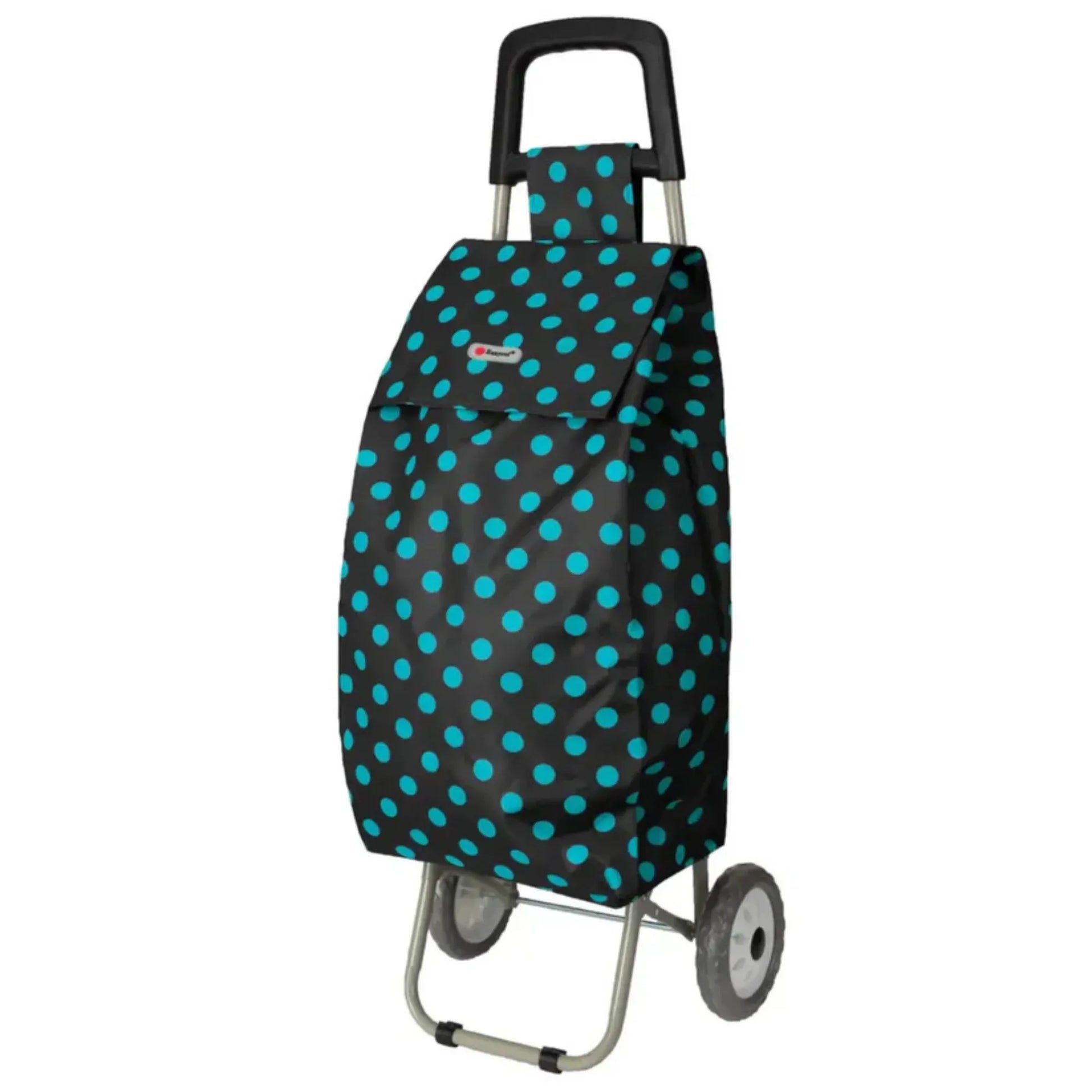 Black shopping cart with blue polka dot pattern on a white background