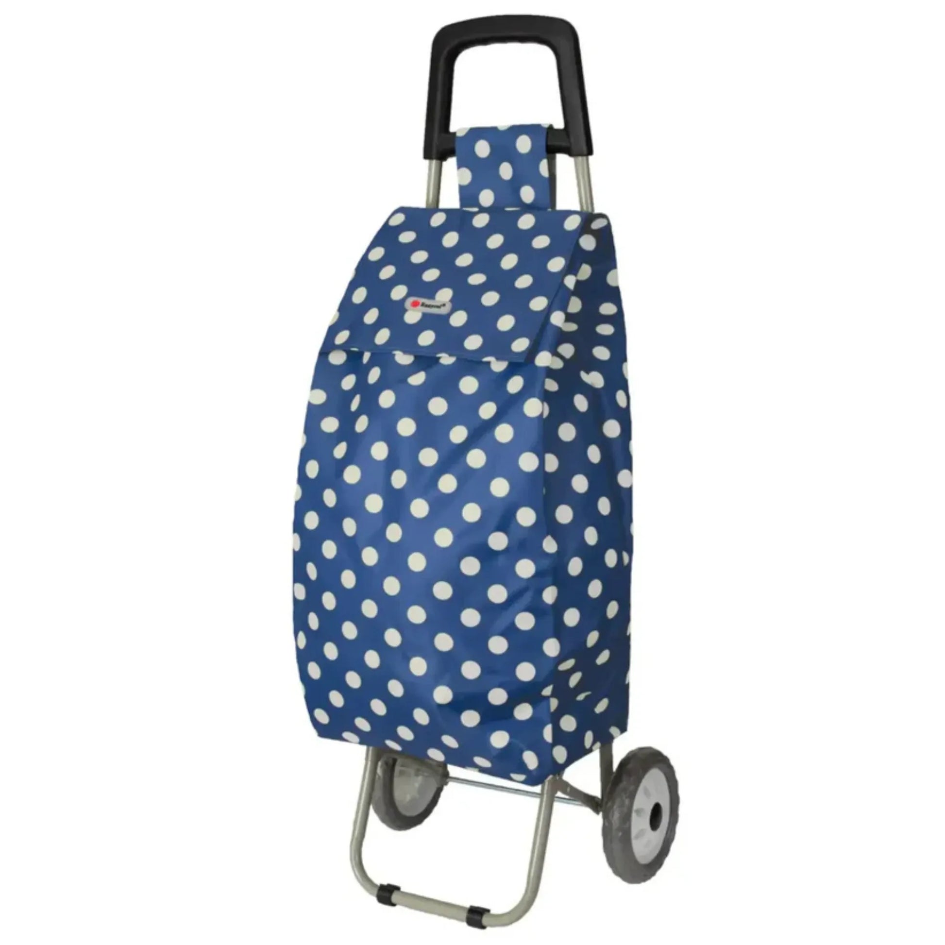 Blue shopping cart with white polka dots on a white background