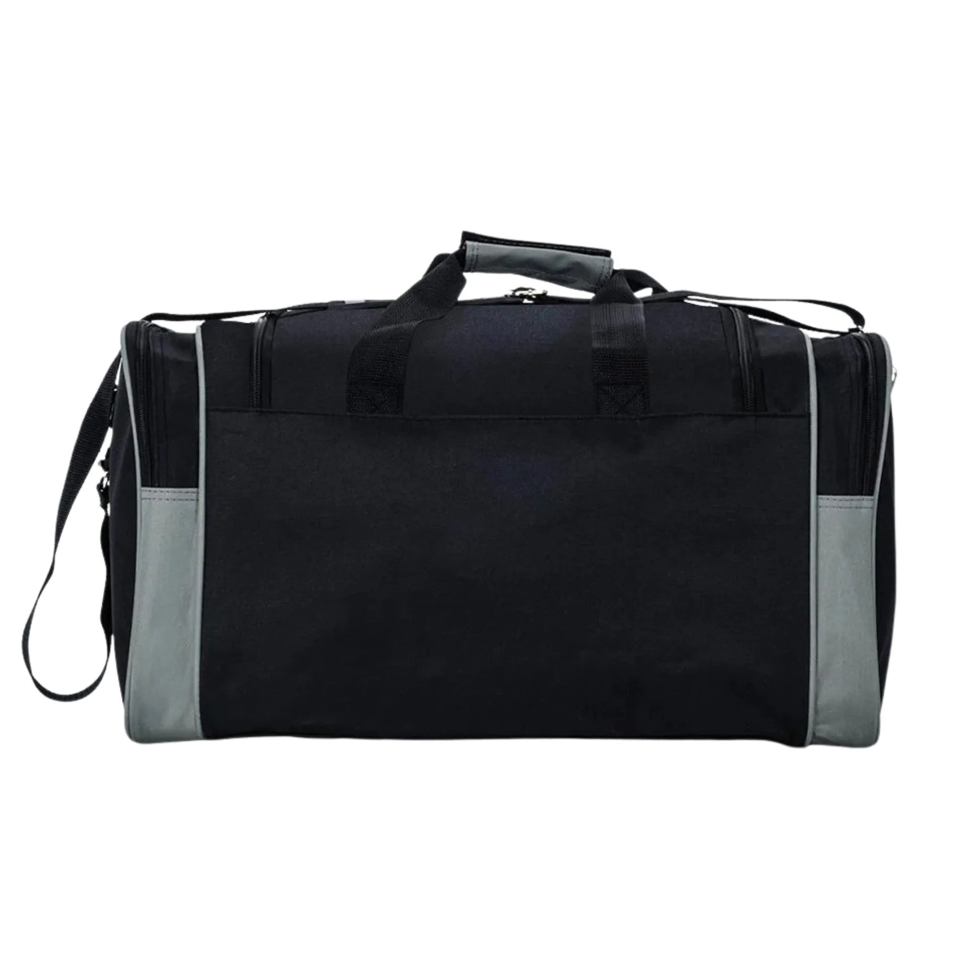Black duffel bag with gray accents on a white background