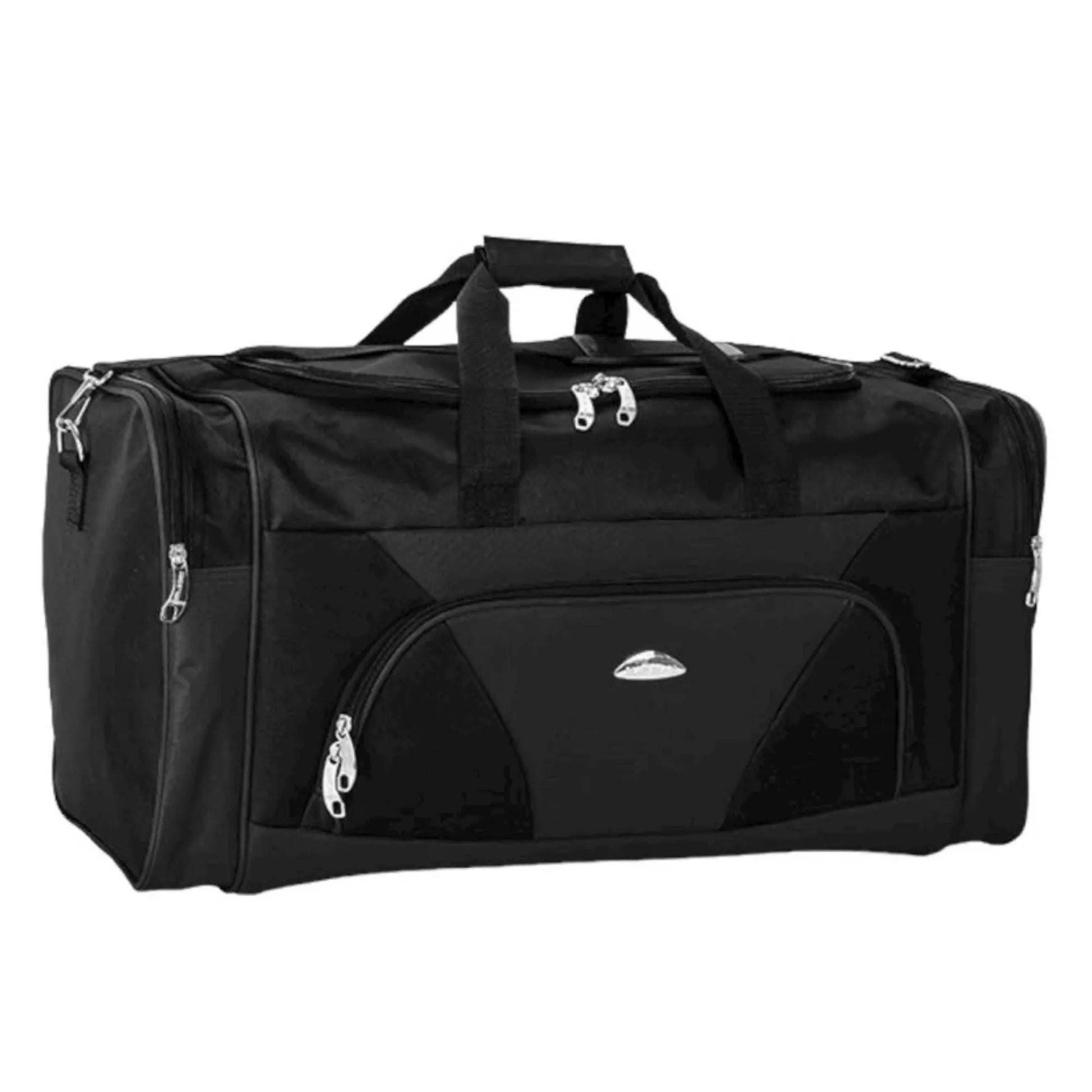 Black duffel bag with multiple zippers on a white background