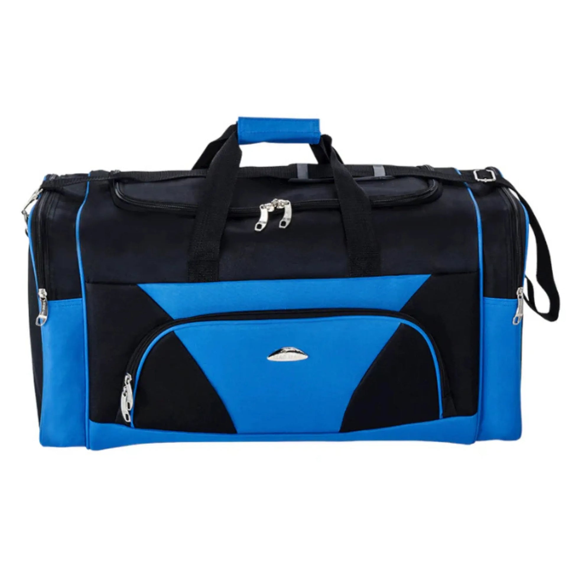 Black and blue duffel bag on a white background