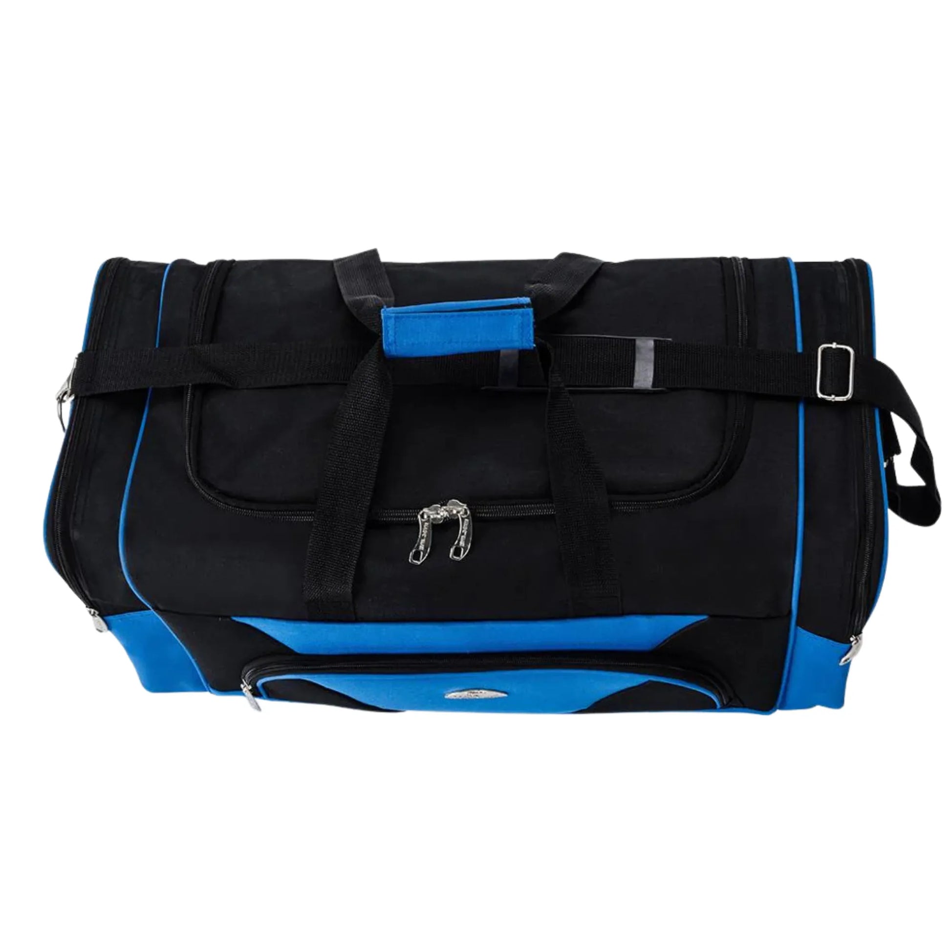 Black and blue duffel bag on a white background