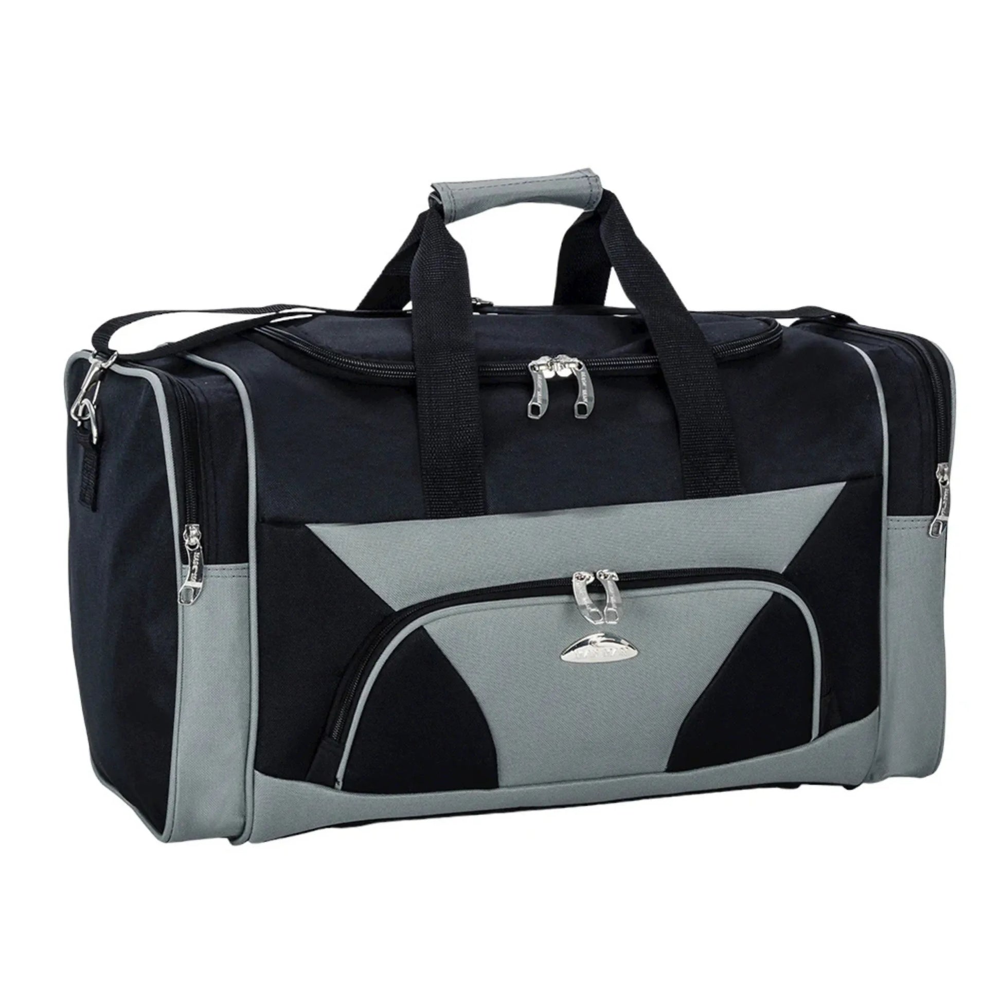 Black and gray duffel bag with zippers on a white background