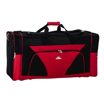 Black and red duffel bag on a white background