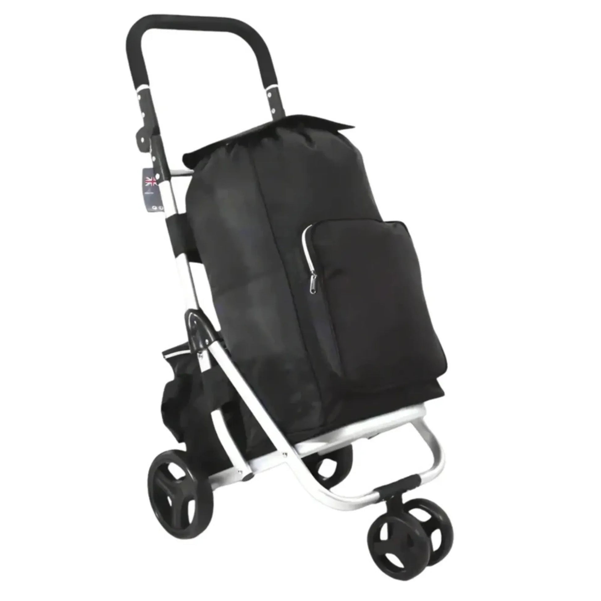 Black shopping cart with a bag on a white background