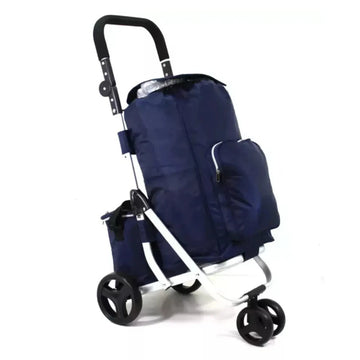 Navy blue rolling bag with wheels on a white background