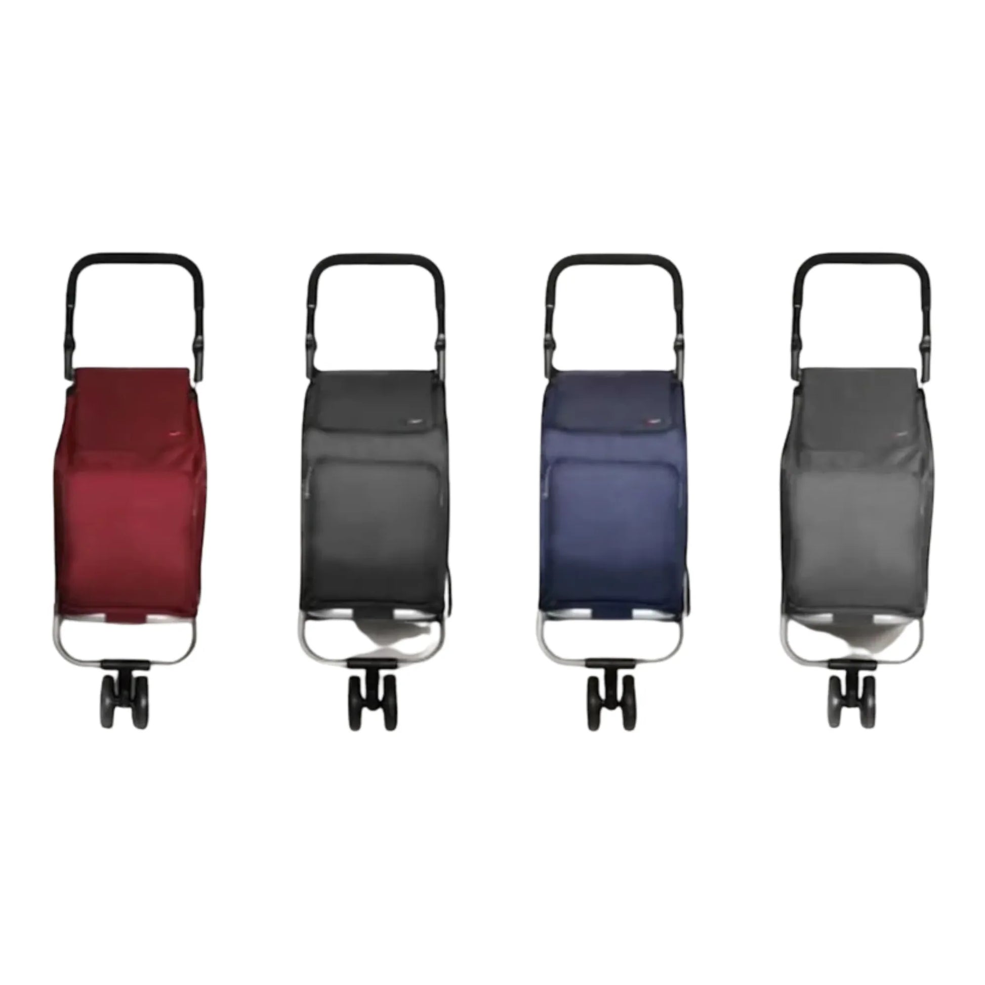 Four different colored shopping carts on a white background