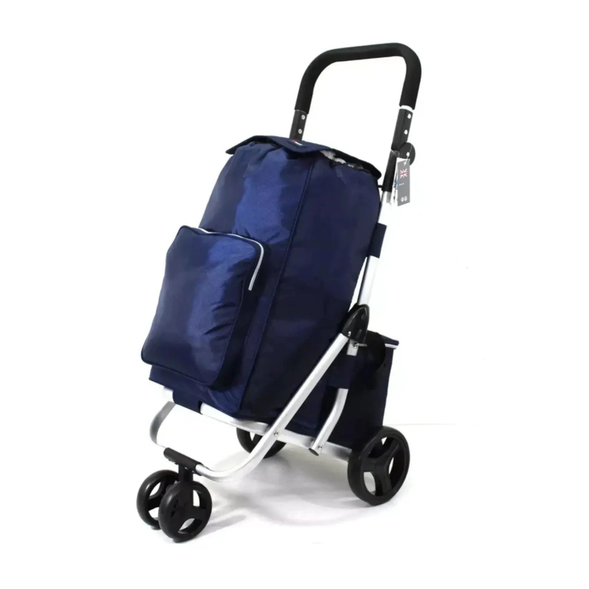 Blue shopping bag attached to a black and silver stroller on a white background