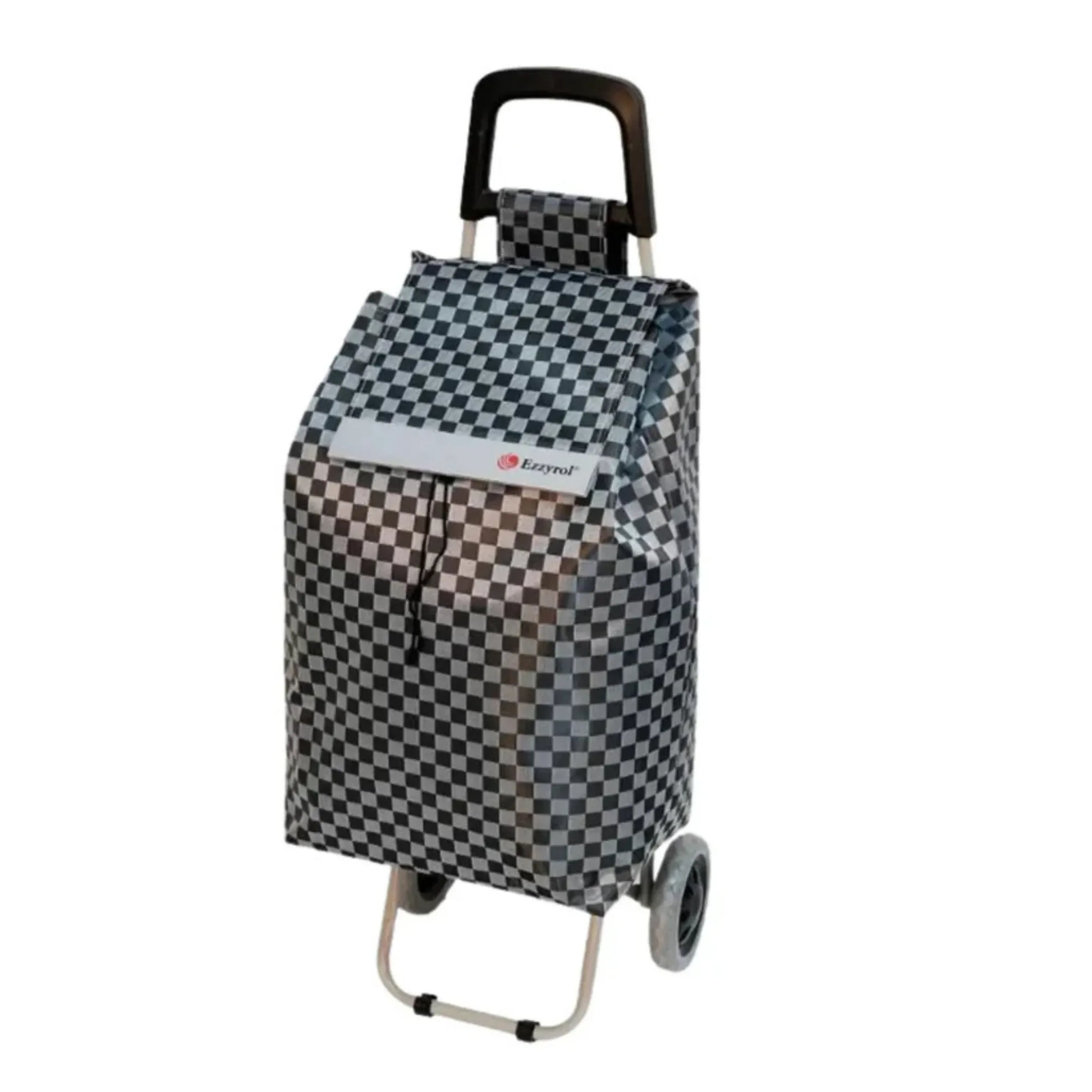 Checkered shopping cart bag with a visible brand logo on a white background