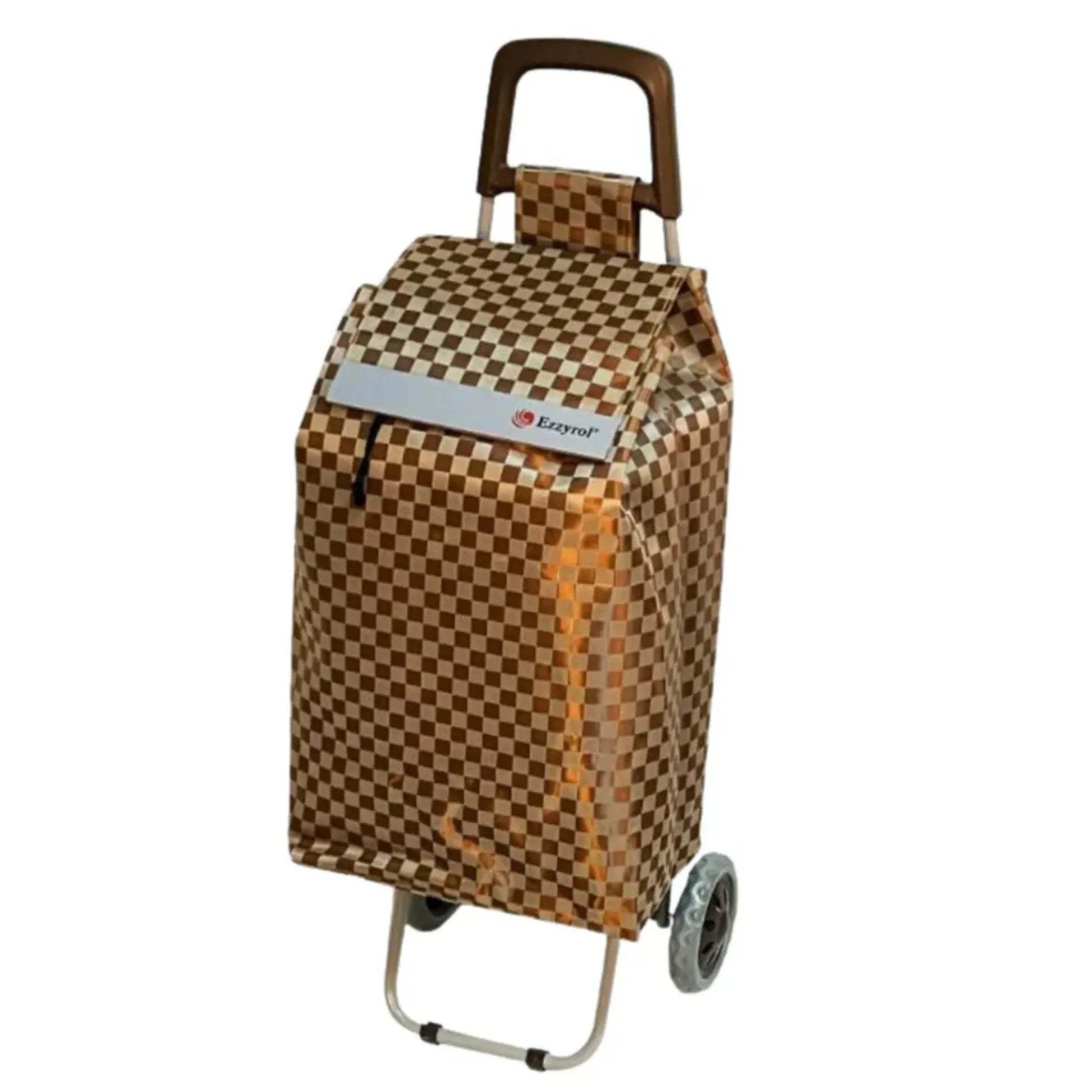 Checkered shopping cart with a brand label on a white background