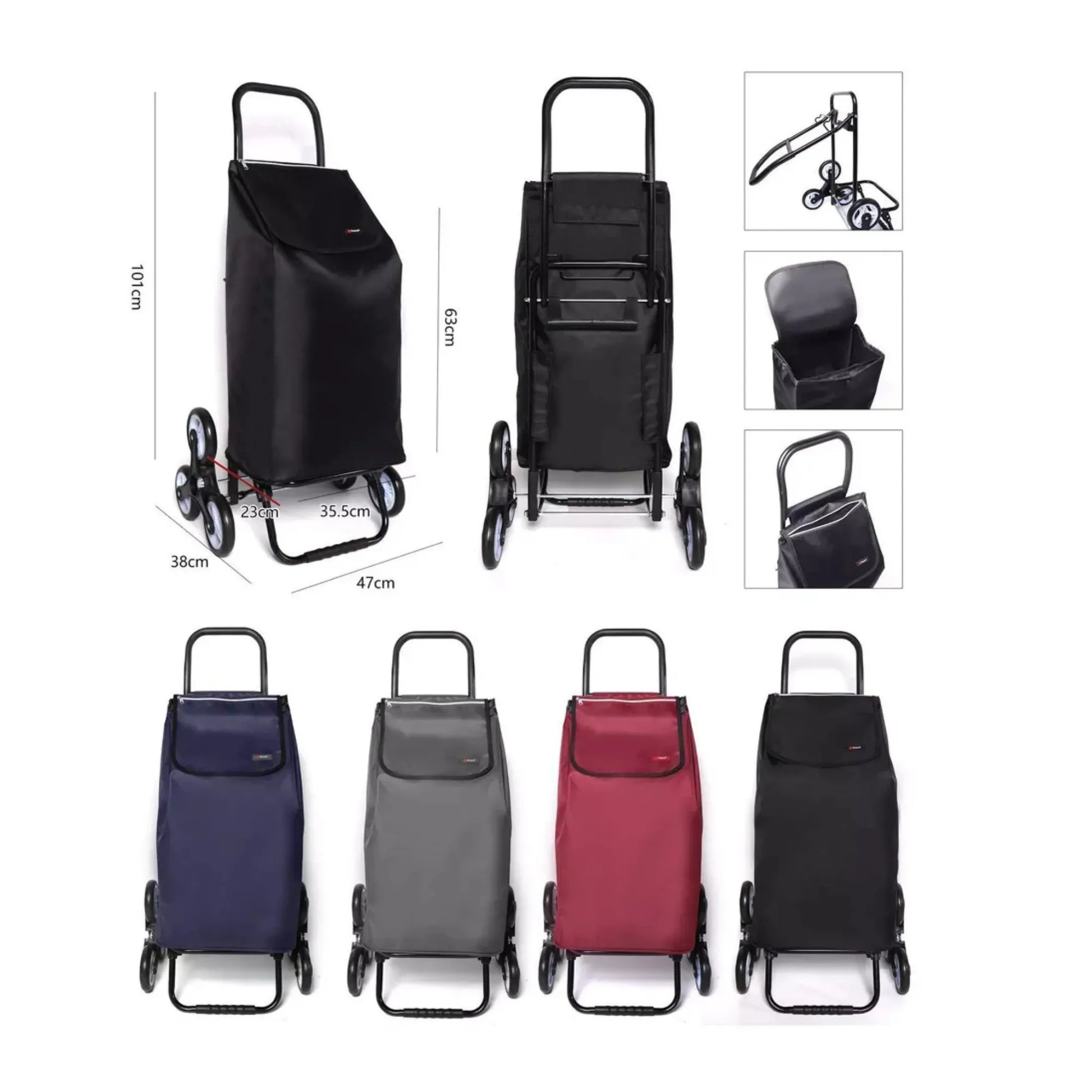 Multifunctional shopping cart with various color options and dimensions displayed.