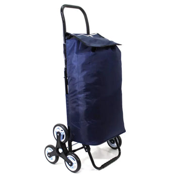 Navy blue folding shopping cart with wheels on a white background