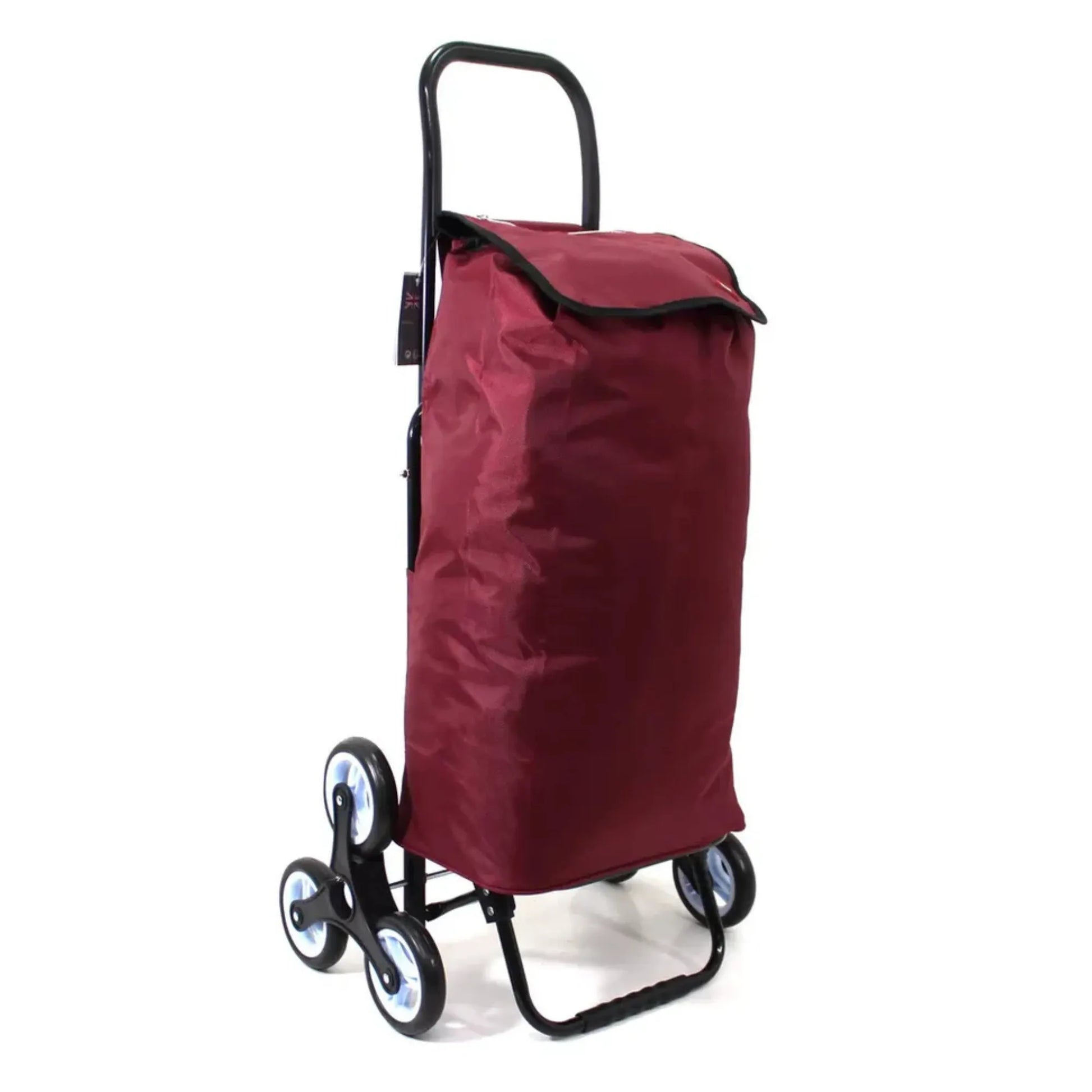 Maroon shopping cart with wheels on a white background