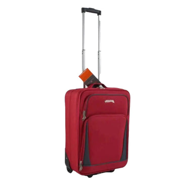 Red suitcase with a black handle on a white background