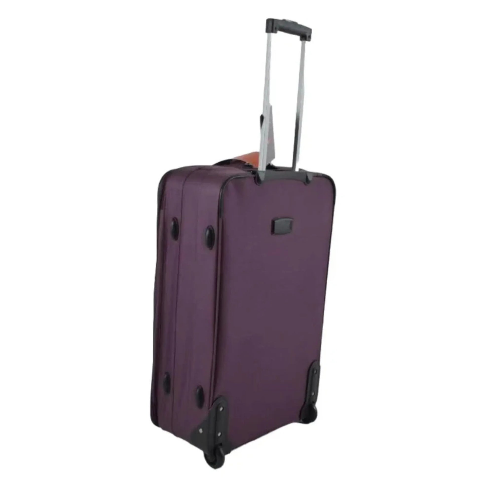 Purple suitcase with wheels and handle on a white background
