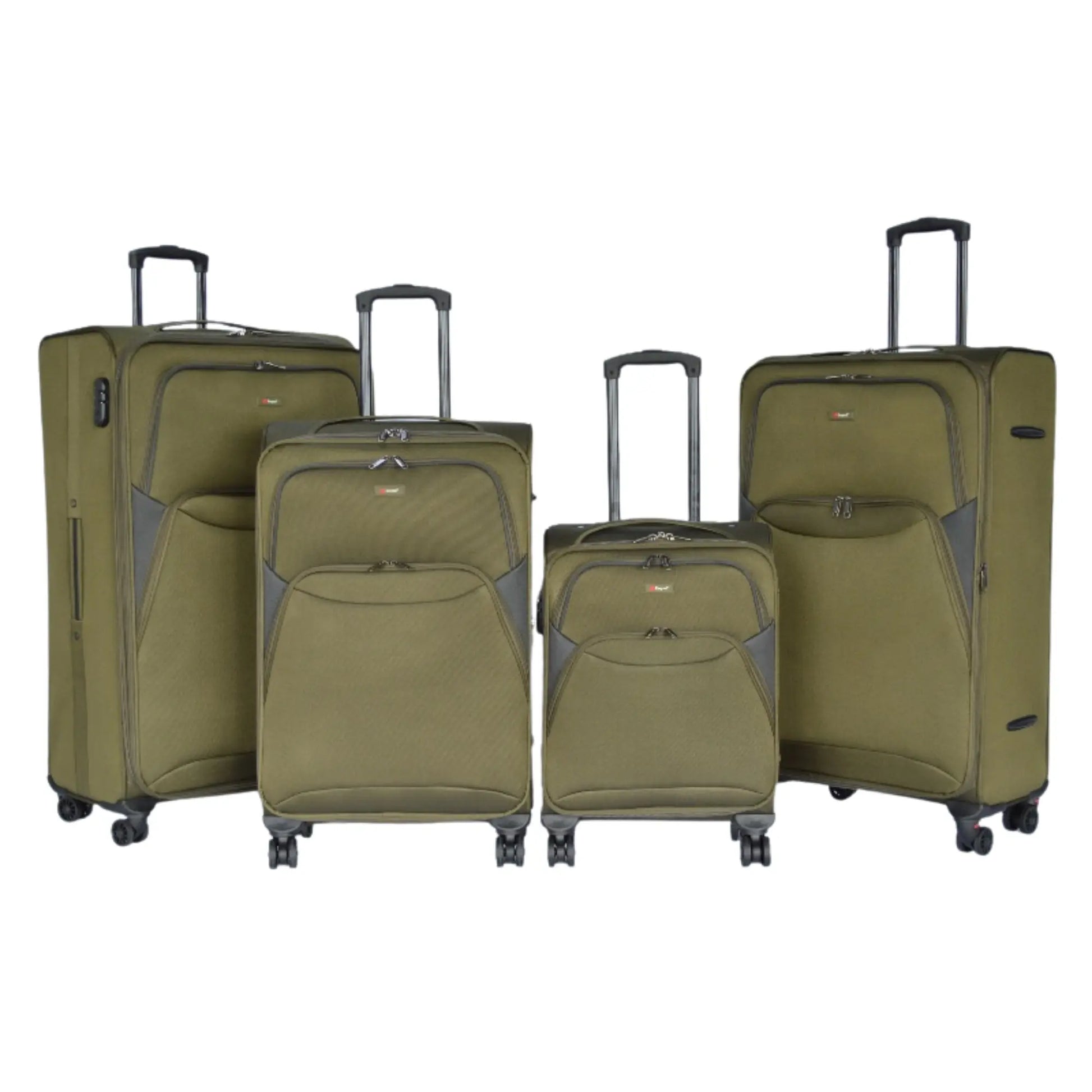 Set of four green suitcases with wheels on a white background