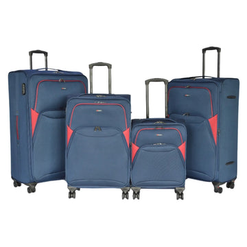 Set of blue suitcases with red accents on a white background