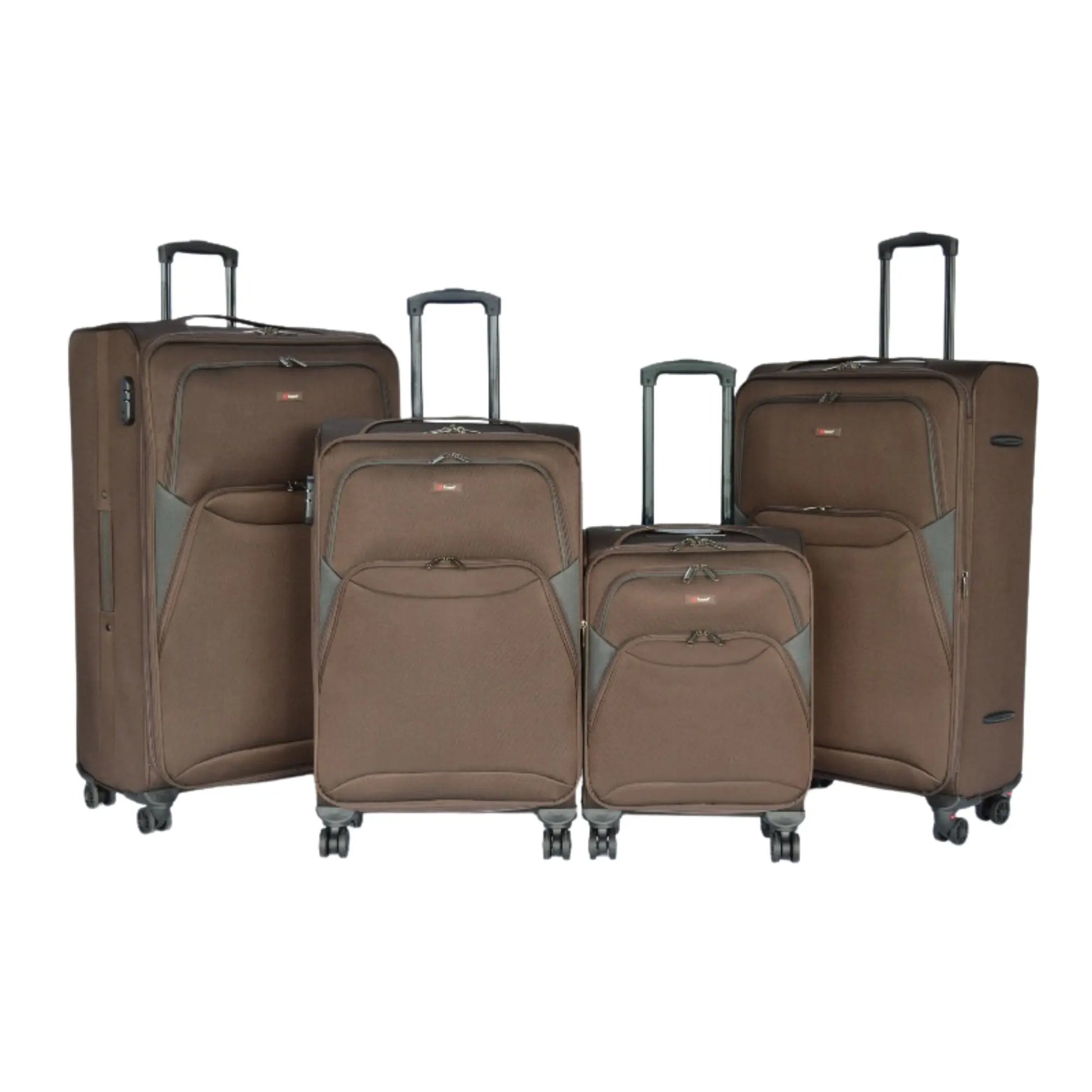 Set of brown suitcases with wheels on a white background