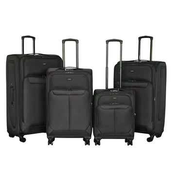 Set of four black suitcases of different sizes on a white background